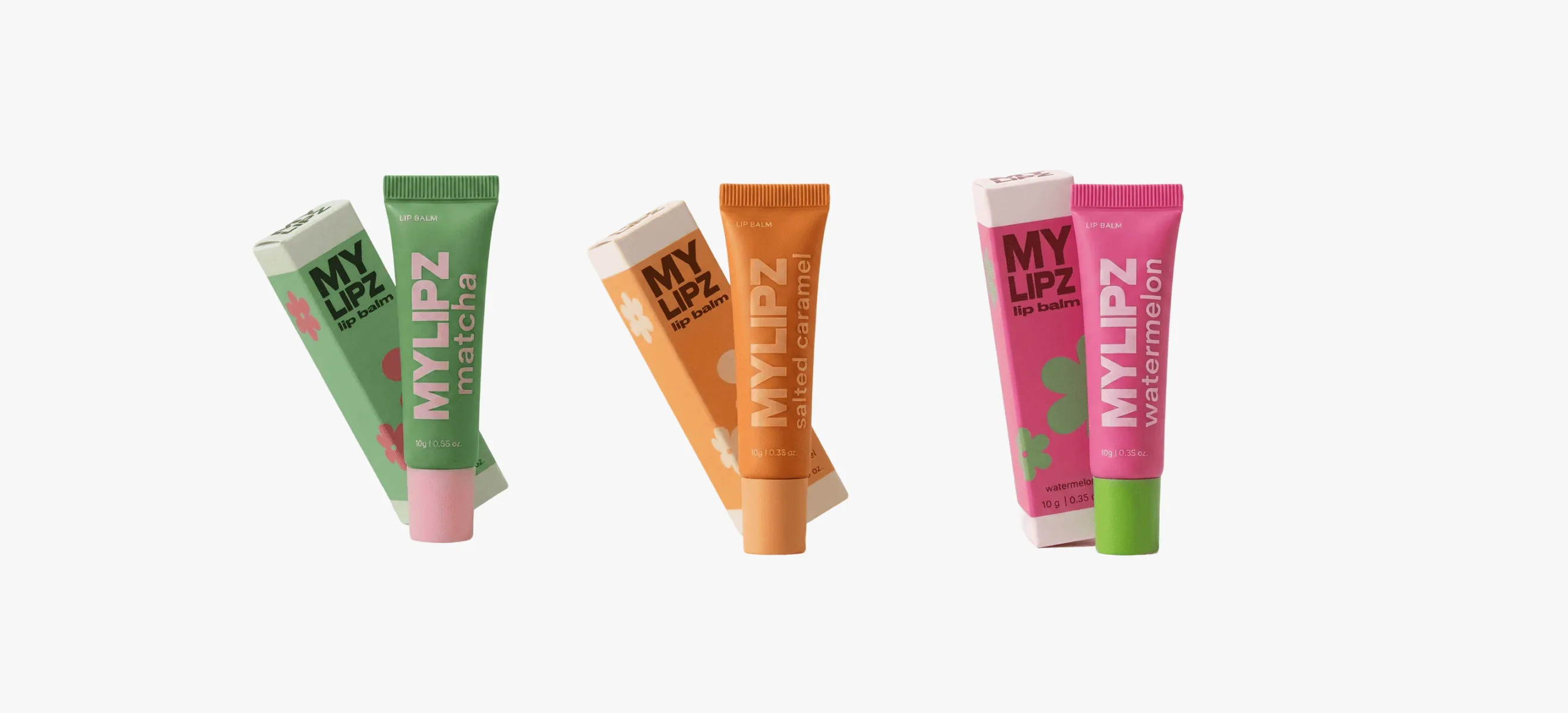 MYLIPZ lip balm lineup — Matcha, Salted Caramel and Watermelon