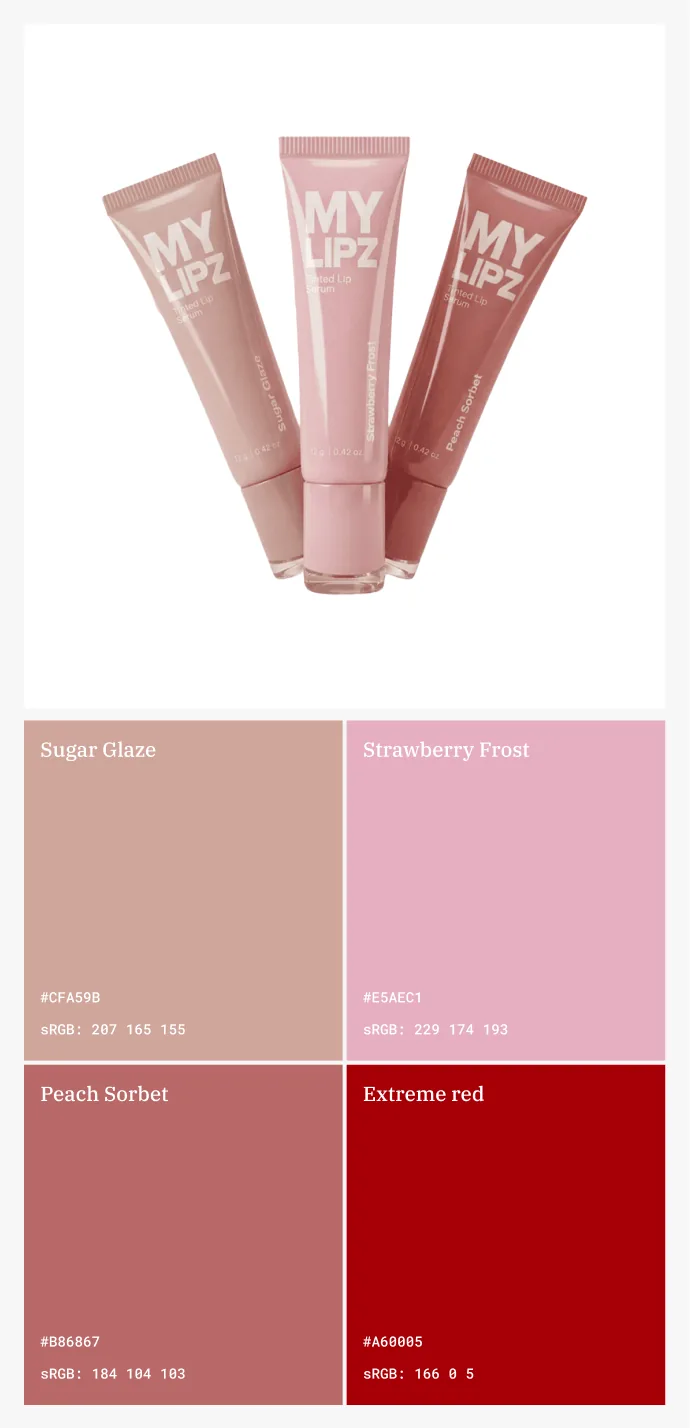 MyLipz colour palette — Sugar Glaze, Strawberry Frost, Peach Sorbet, Extreme red