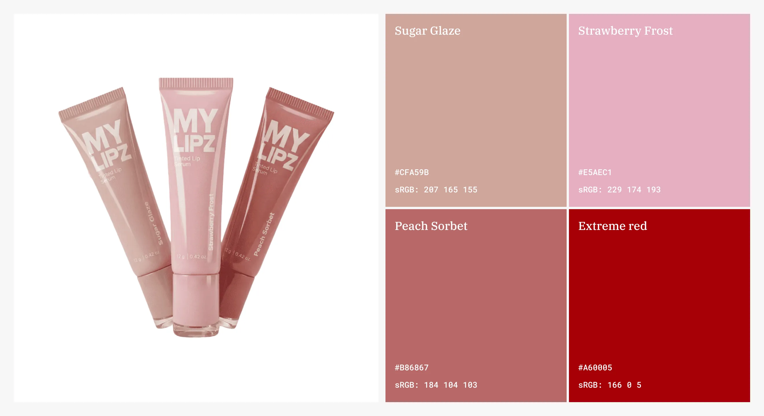 MyLipz colour palette — Sugar Glaze, Strawberry Frost, Peach Sorbet, Extreme red