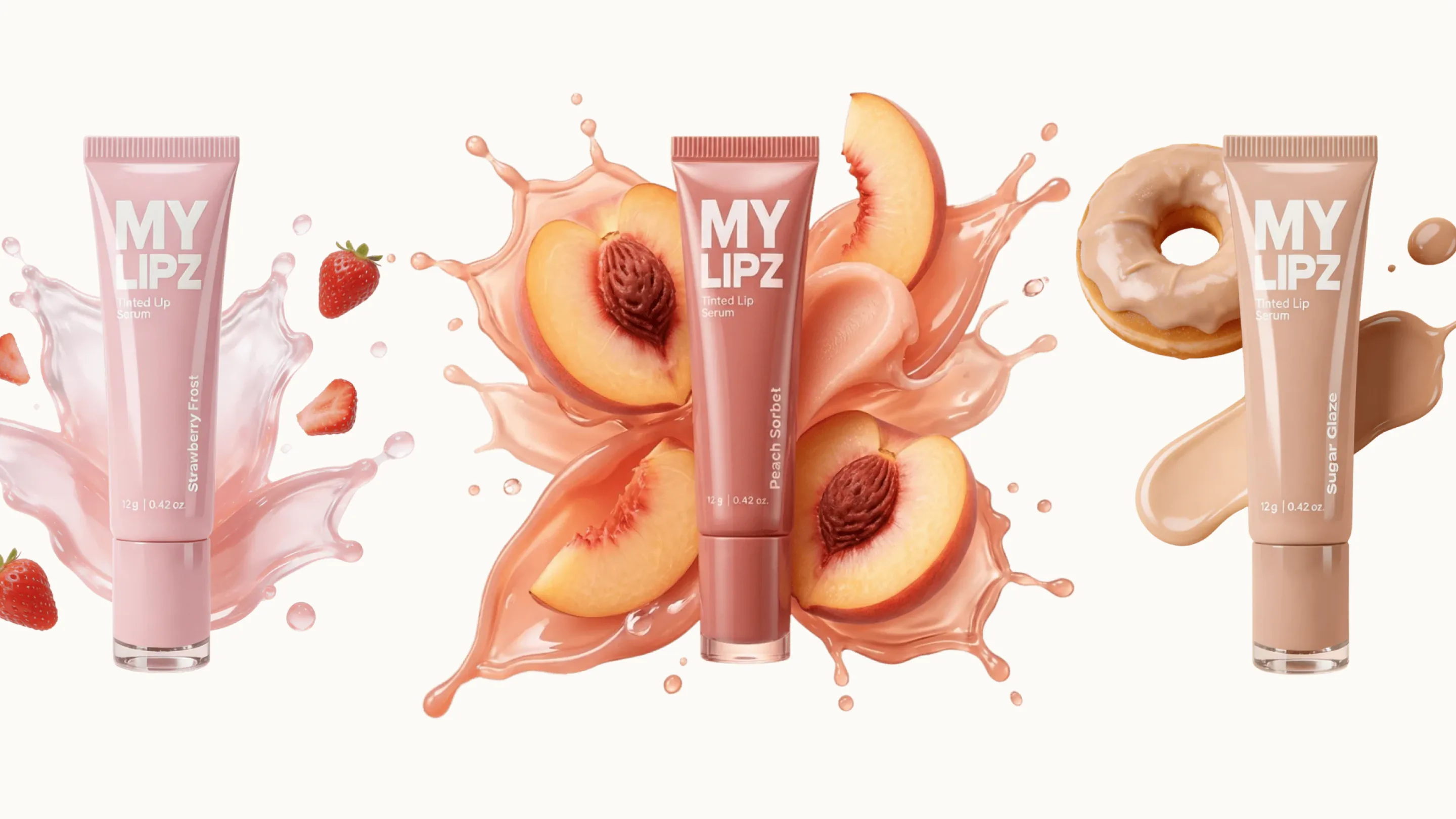 MYLIPZ tinted lip serum family — Strawberry Frost, Peach Sorbet and Sugar Glaze