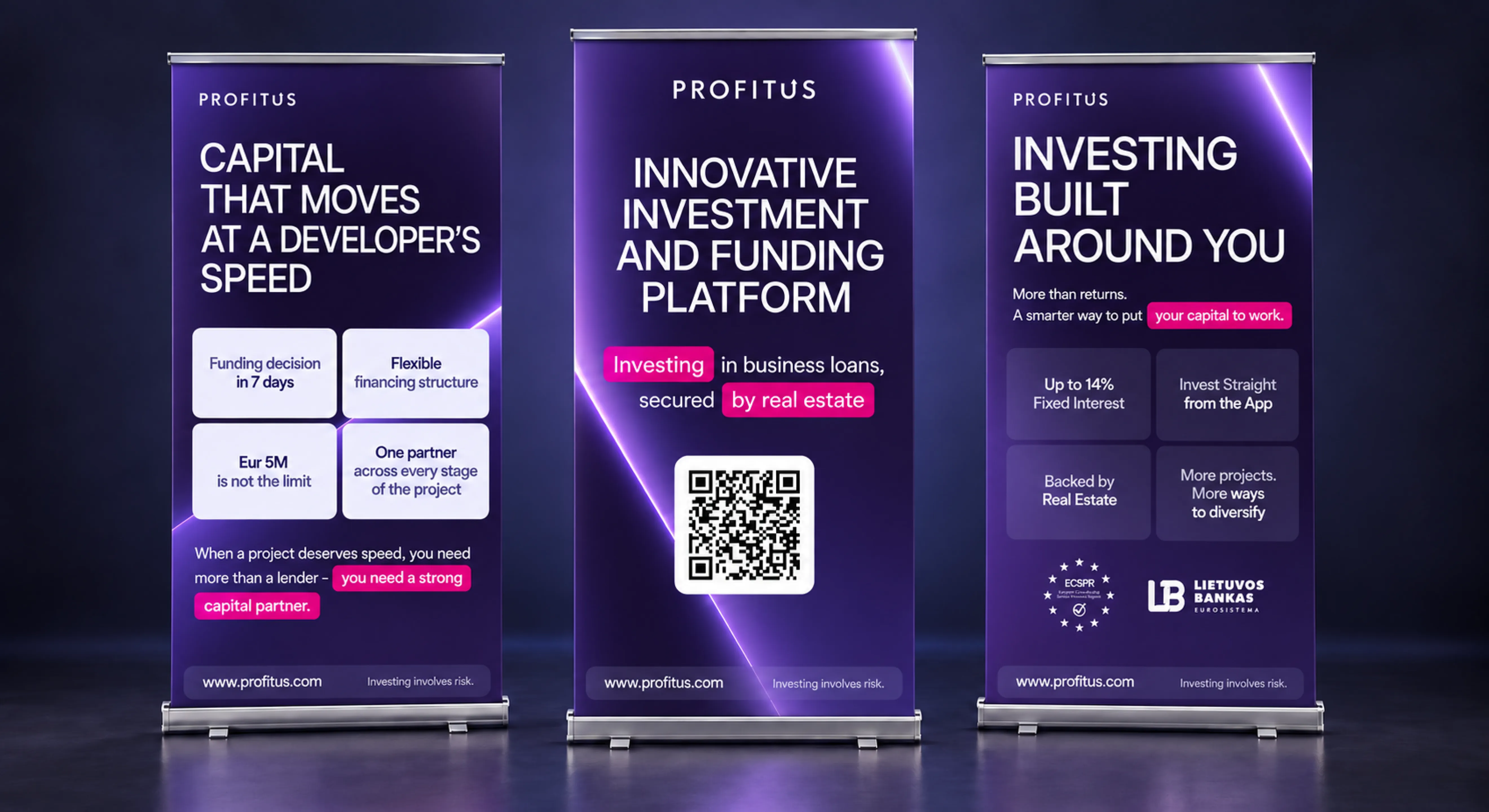 Three Profitus roll-up banners — «Capital that moves at a developer's speed», «Innovative investment and funding platform» and «Investing built around you»