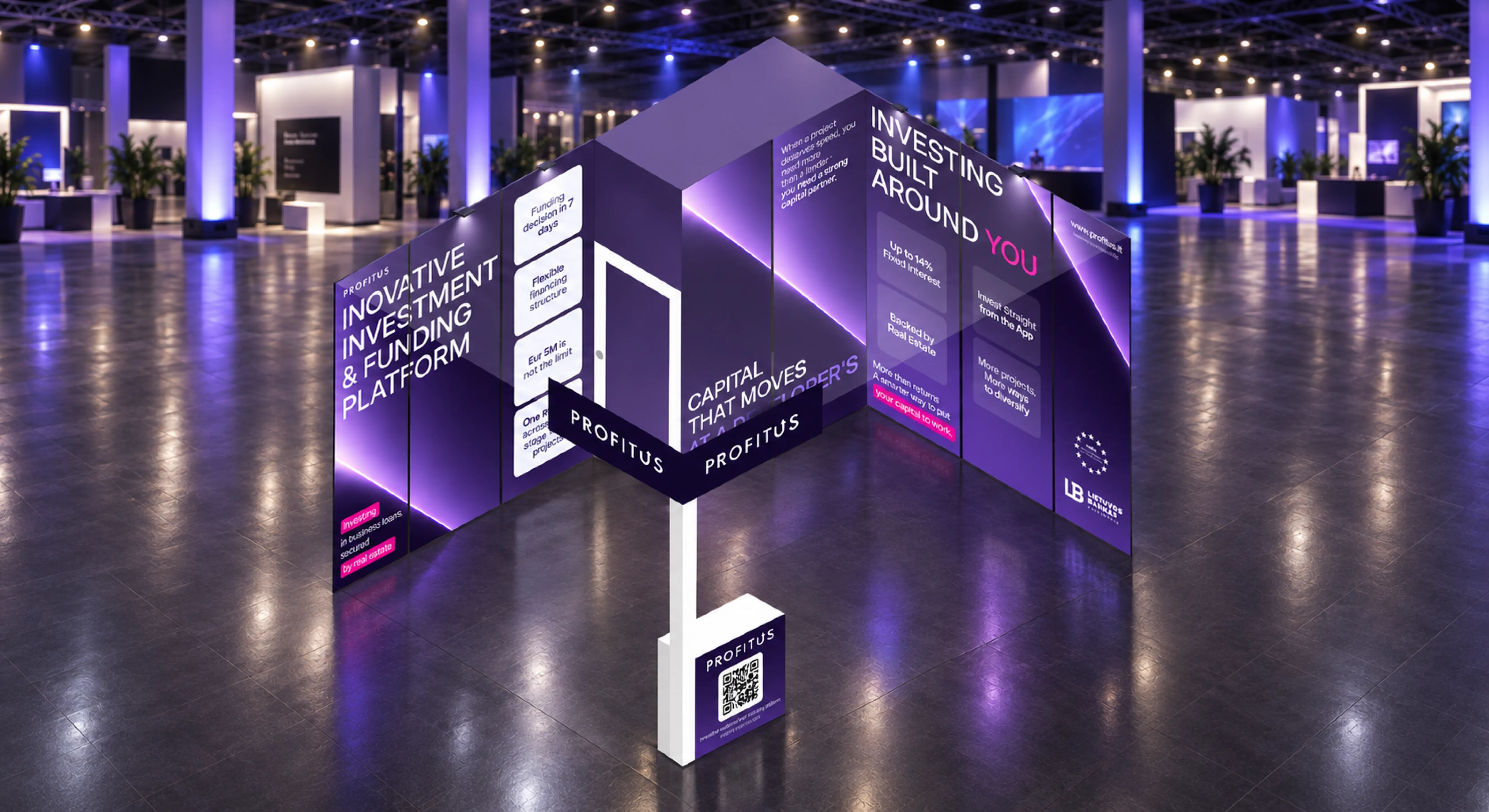 Profitus exhibition stand in a conference hall, with «Innovative investment & funding platform», «Capital that moves» and «Investing built around you» panels