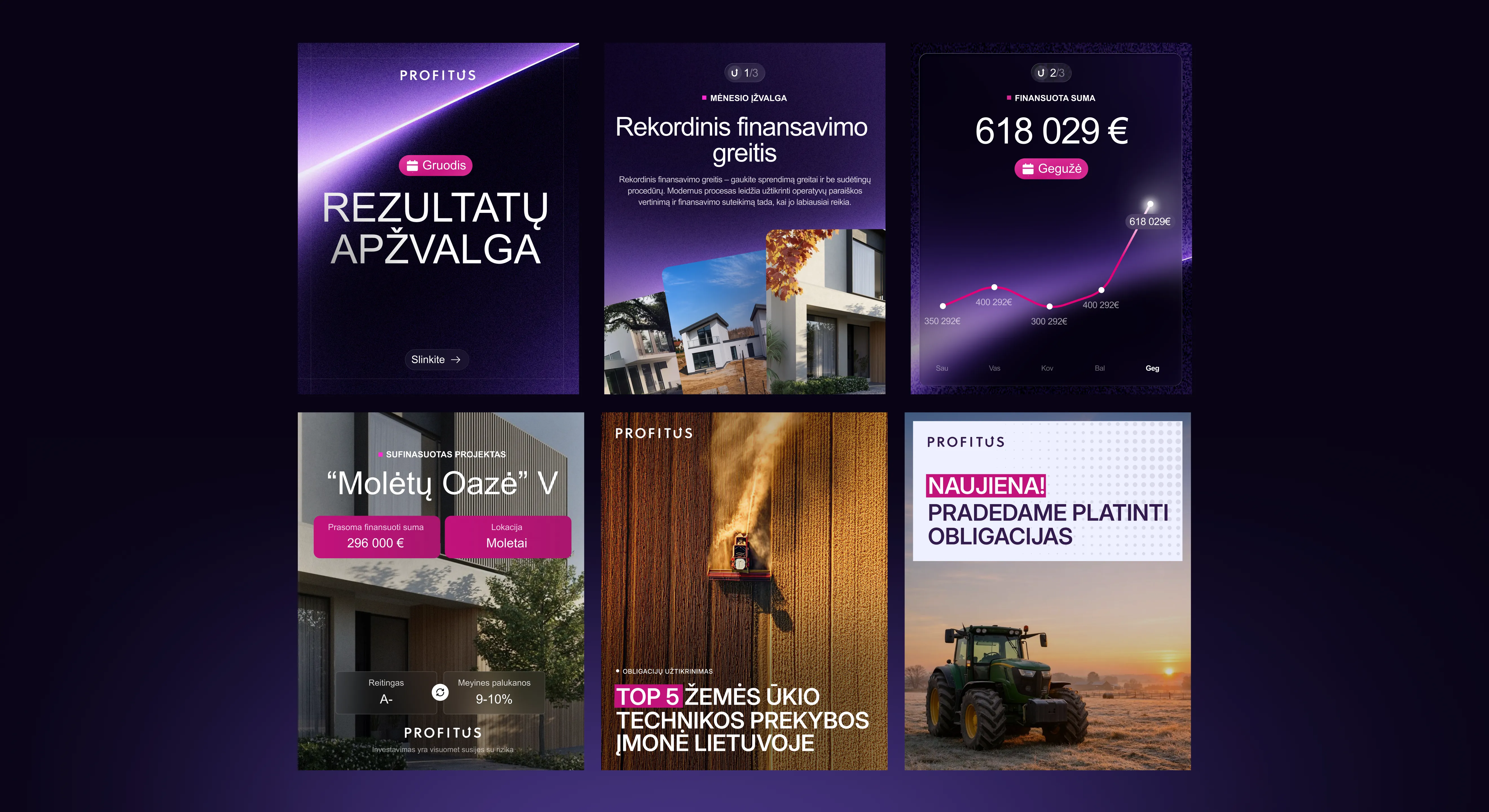 Profitus social media posts — «Rezultatų apžvalga», «Rekordinis finansavimo greitis», «618 029 €», «Molėtų Oazė V», «Top 5 žemės ūkio technikos prekybos įmonė Lietuvoje» and «Naujiena! Pradedame platinti obligacijas»