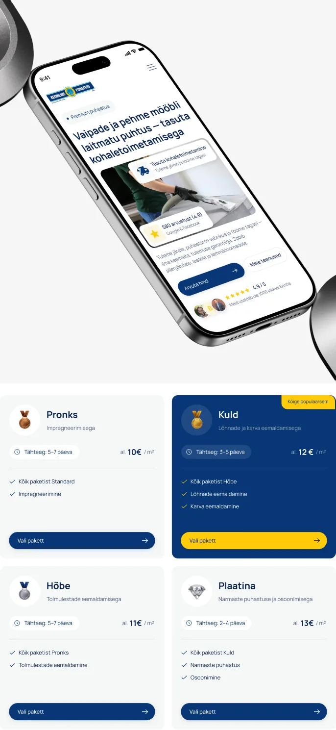 Puhastus Keskus service packages on mobile