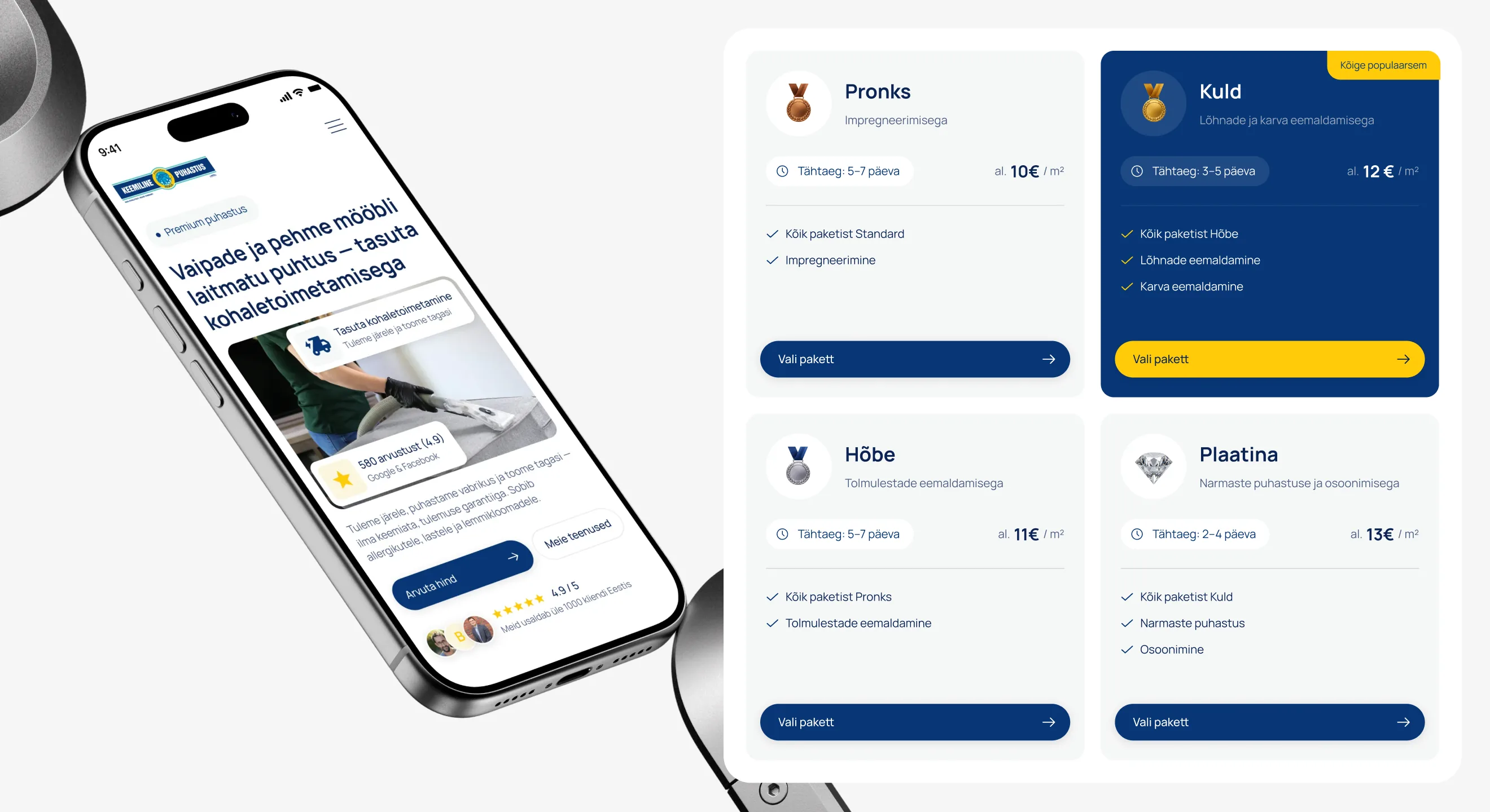 Puhastus Keskus service packages on mobile