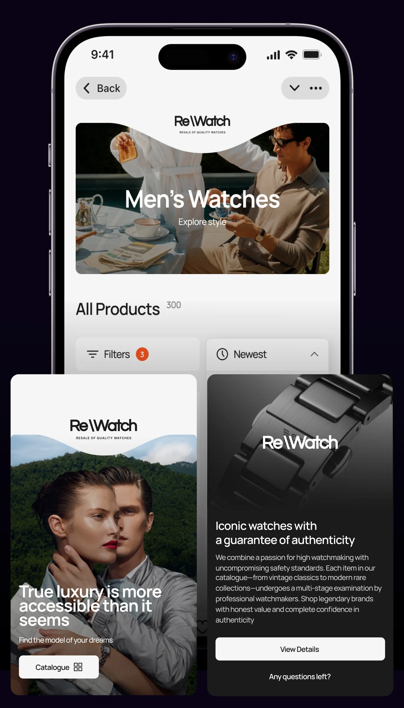 ReWatch “Men’s Watches” catalogue with filters and sorting, a “True luxury is more accessible than it seems” banner and an “Iconic watches with a guarantee of authenticity” card with a View Details button
