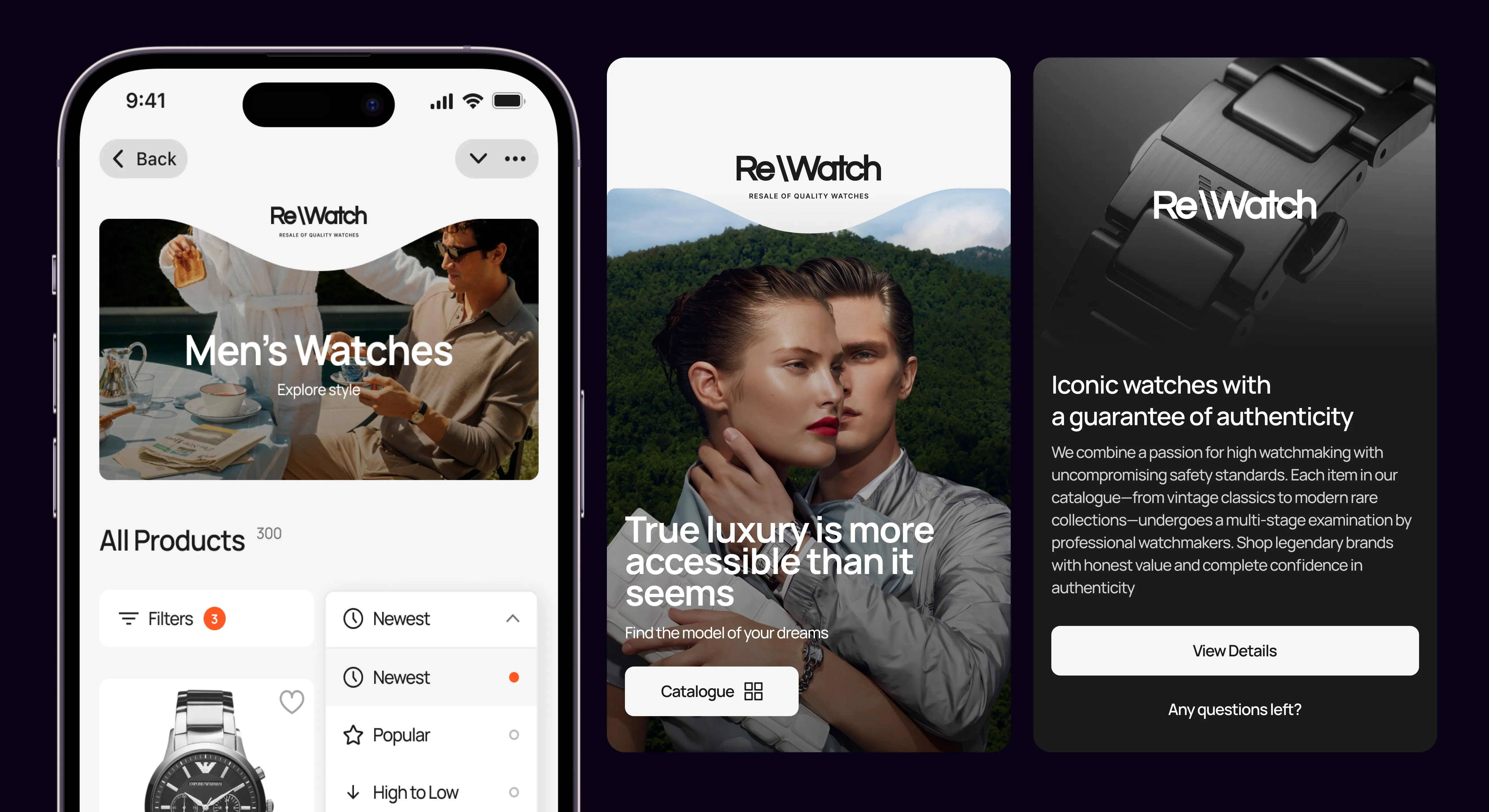 ReWatch “Men’s Watches” catalogue with filters and sorting, a “True luxury is more accessible than it seems” banner and an “Iconic watches with a guarantee of authenticity” card with a View Details button