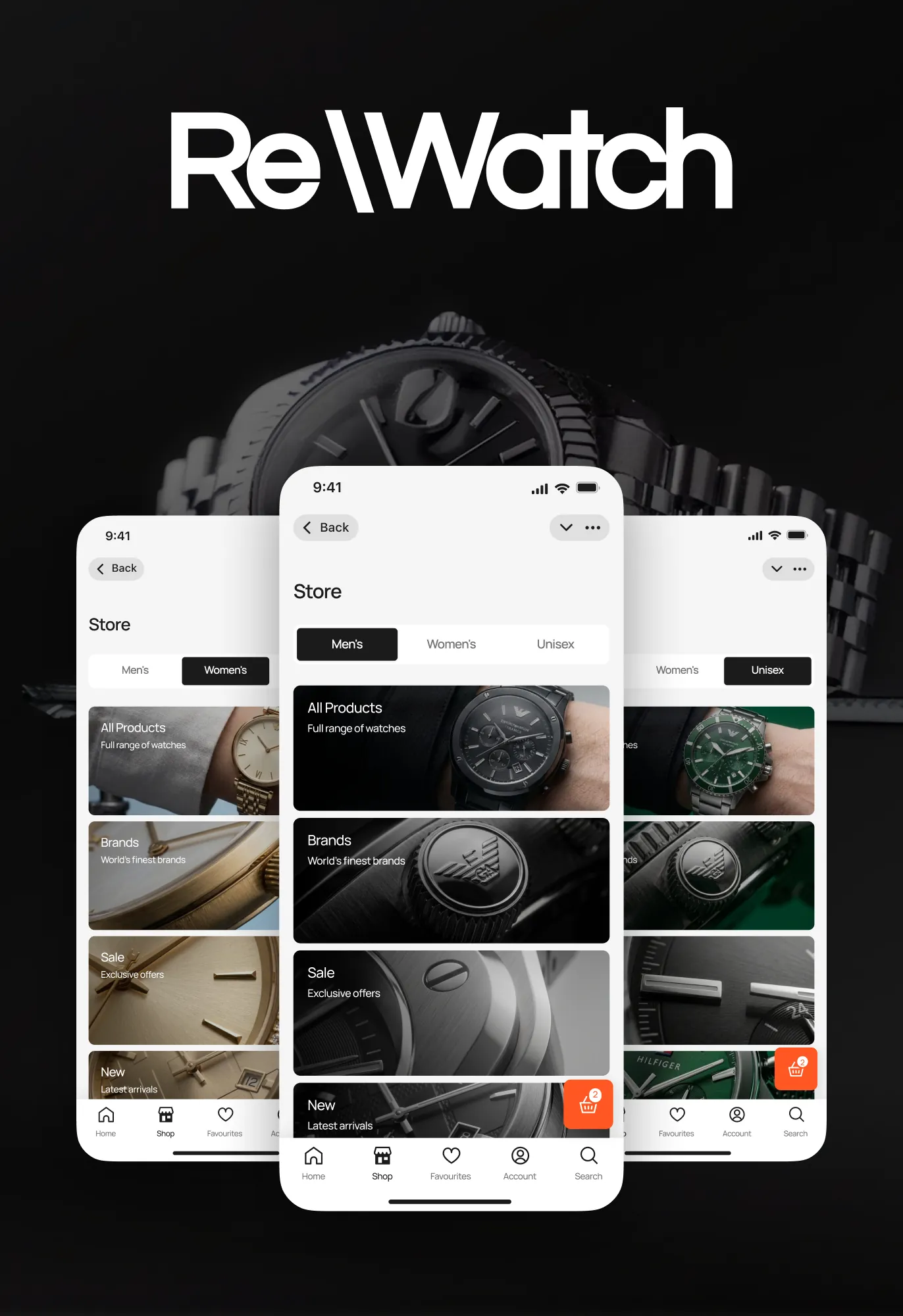 Three ReWatch Store screens for Men’s, Women’s and Unisex watches next to the ReWatch logo over a black watch