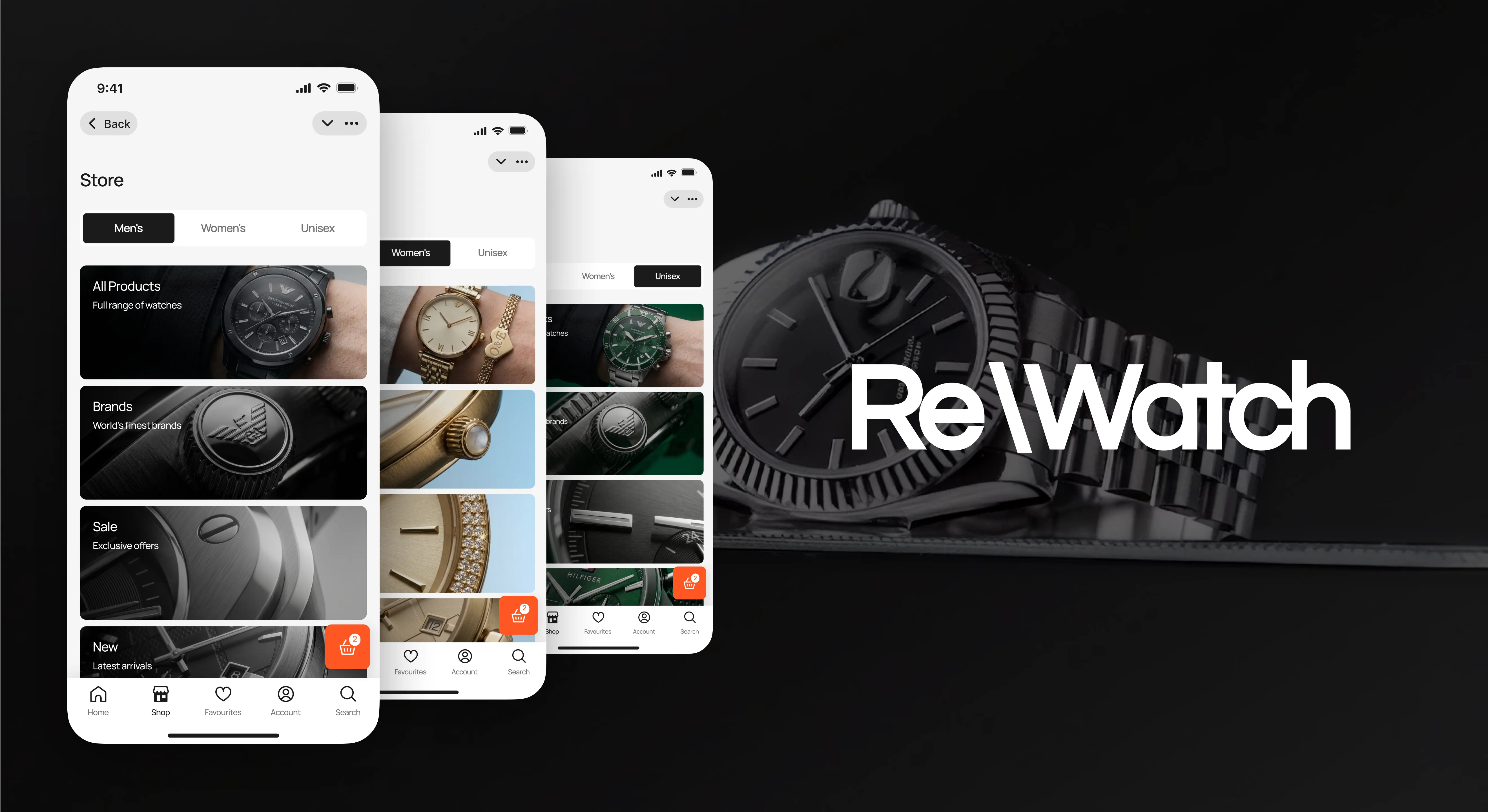 Three ReWatch Store screens for Men’s, Women’s and Unisex watches next to the ReWatch logo over a black watch