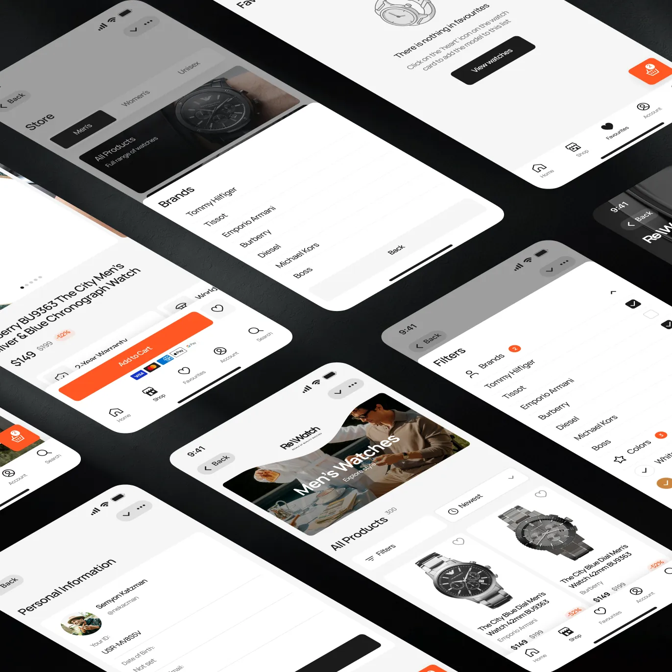 Overview of the ReWatch app screens — Store, Brands, a product page, Filters by brand, colour and size, “Men’s Watches” and Personal information