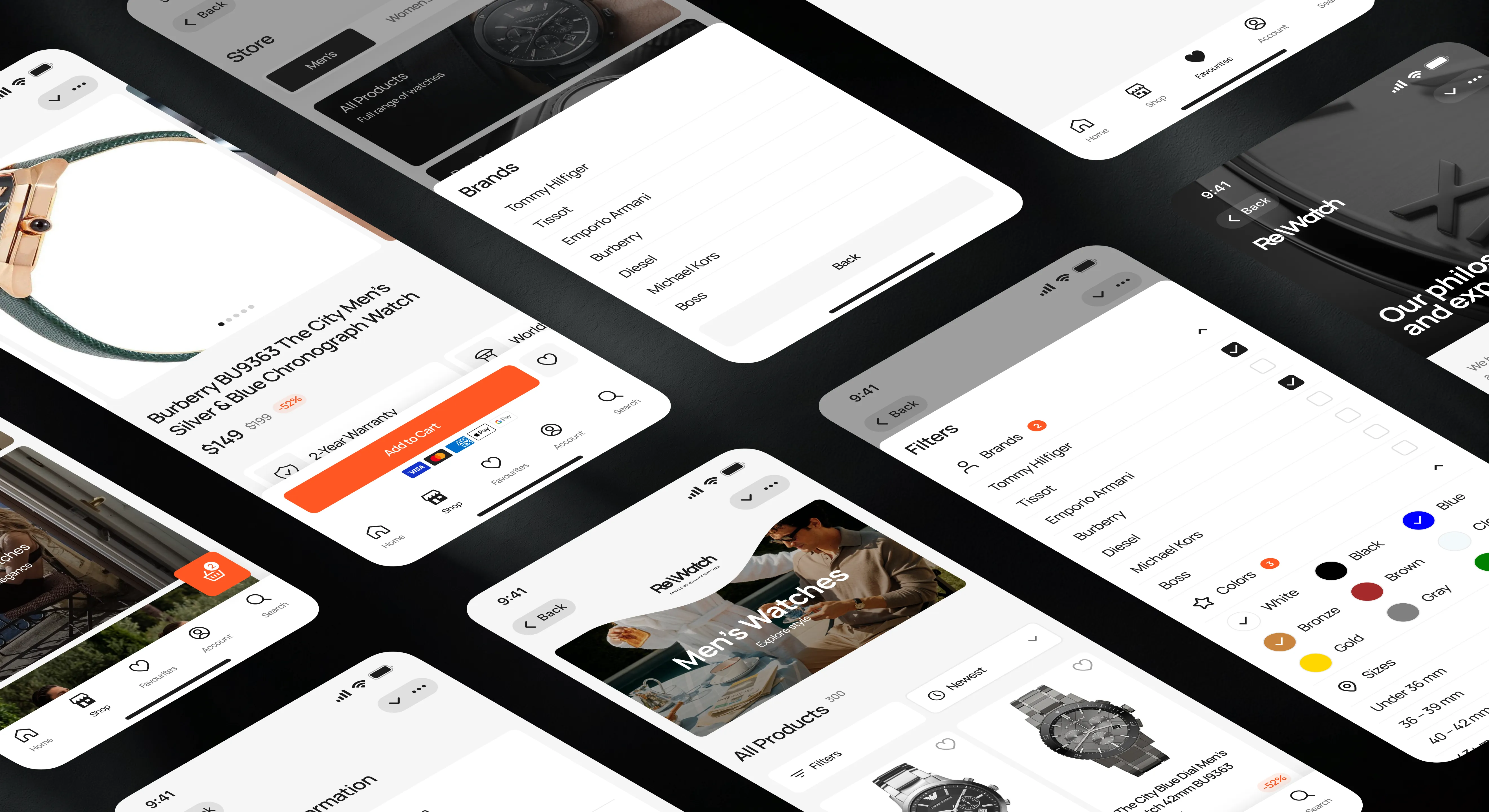 Overview of the ReWatch app screens — Store, Brands, a product page, Filters by brand, colour and size, “Men’s Watches” and Personal information
