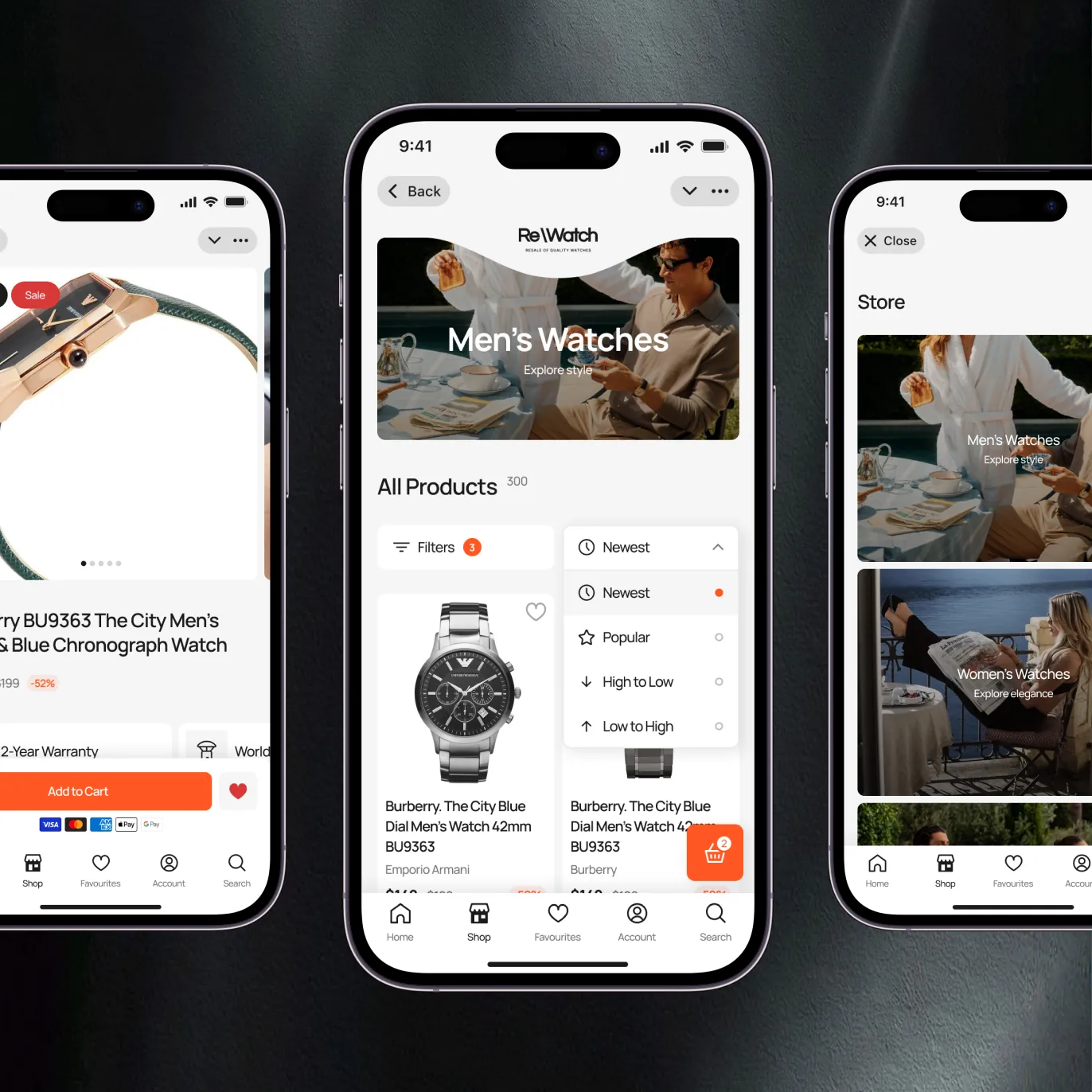 Row of ReWatch app screens — the “Burberry BU9363 The City Men’s Silver & Blue Chronograph Watch” product page, “Men’s Watches” with All Products and sorting, the Store, and the cart