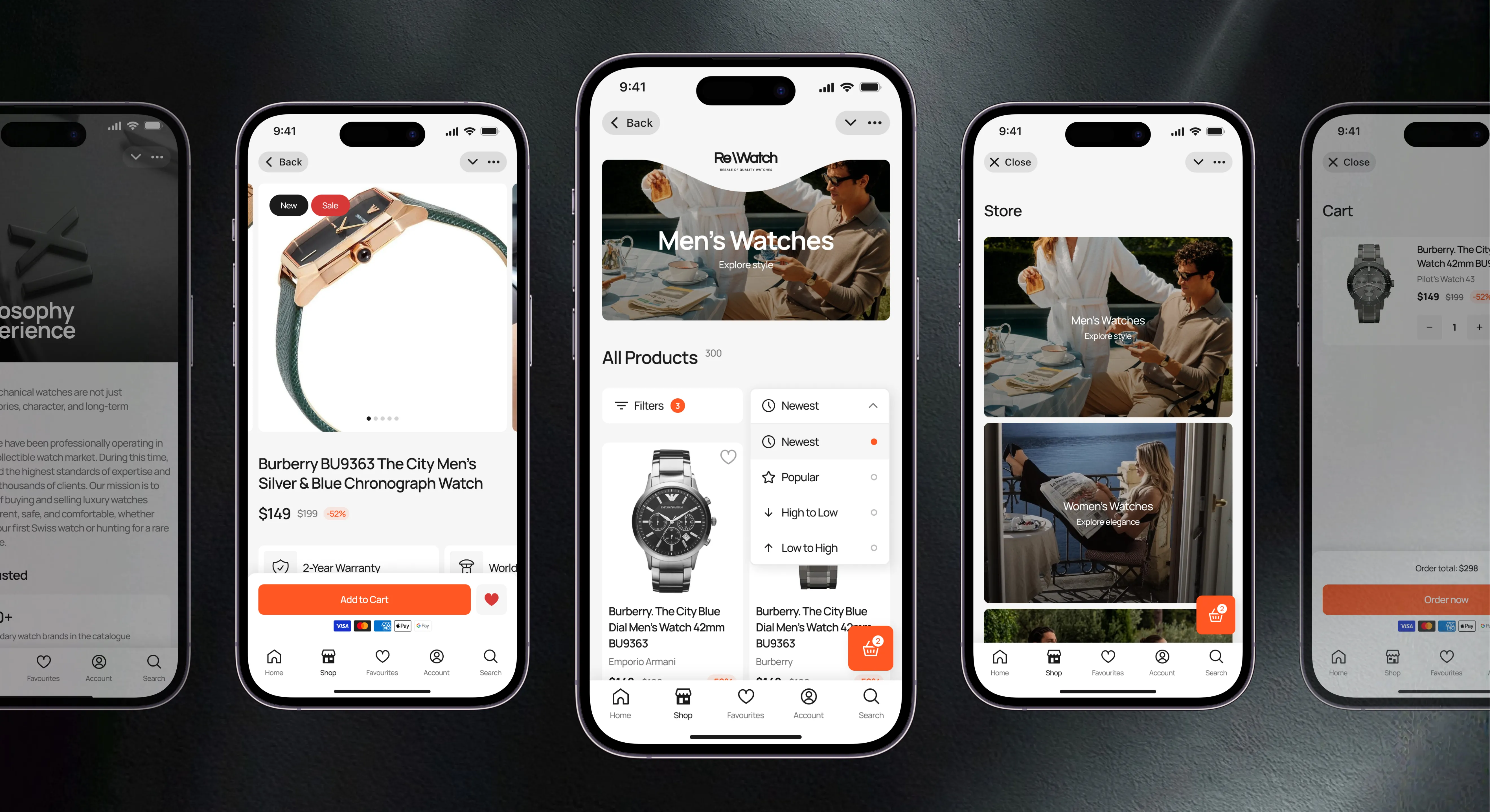 Row of ReWatch app screens — the “Burberry BU9363 The City Men’s Silver & Blue Chronograph Watch” product page, “Men’s Watches” with All Products and sorting, the Store, and the cart