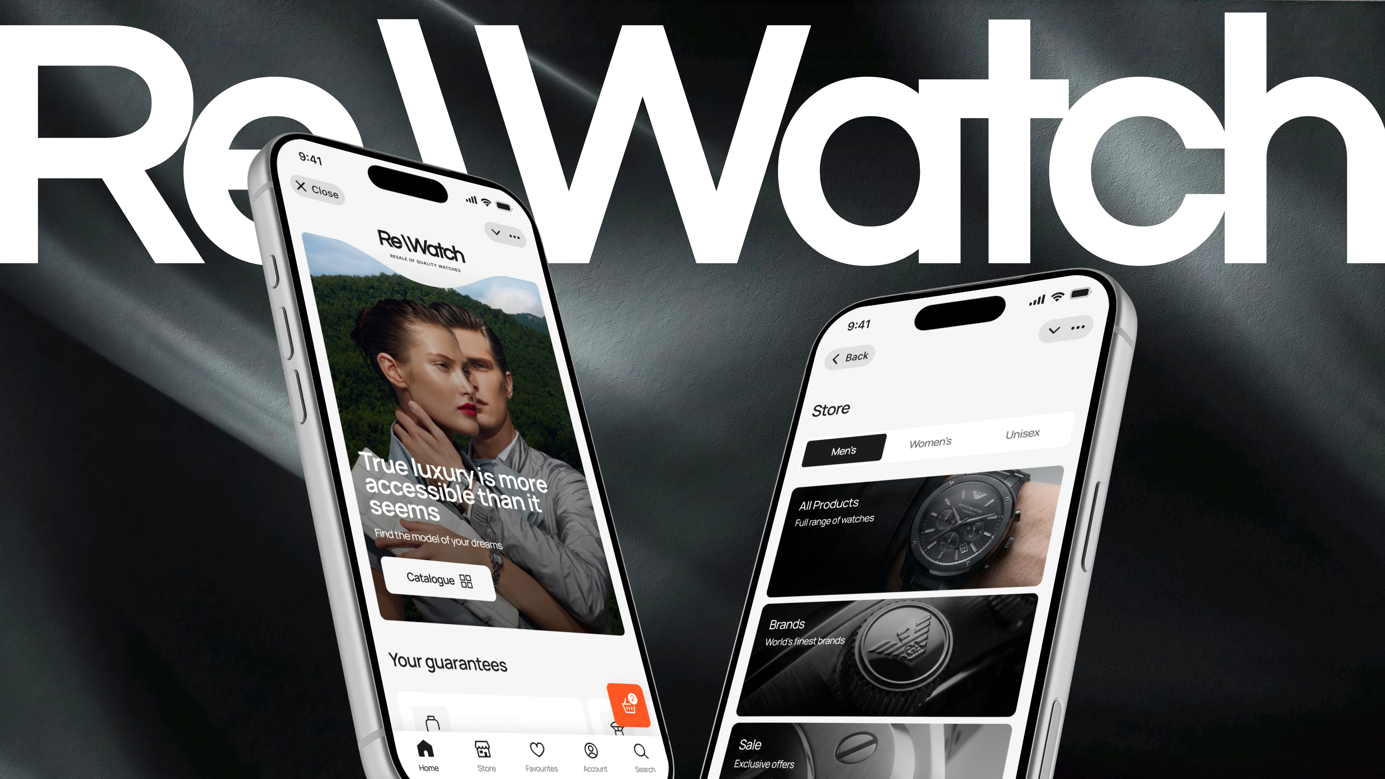 ReWatch logo over two iPhones — the “True luxury is more accessible than it seems” home screen and the Store screen with All Products, Brands and Sale
