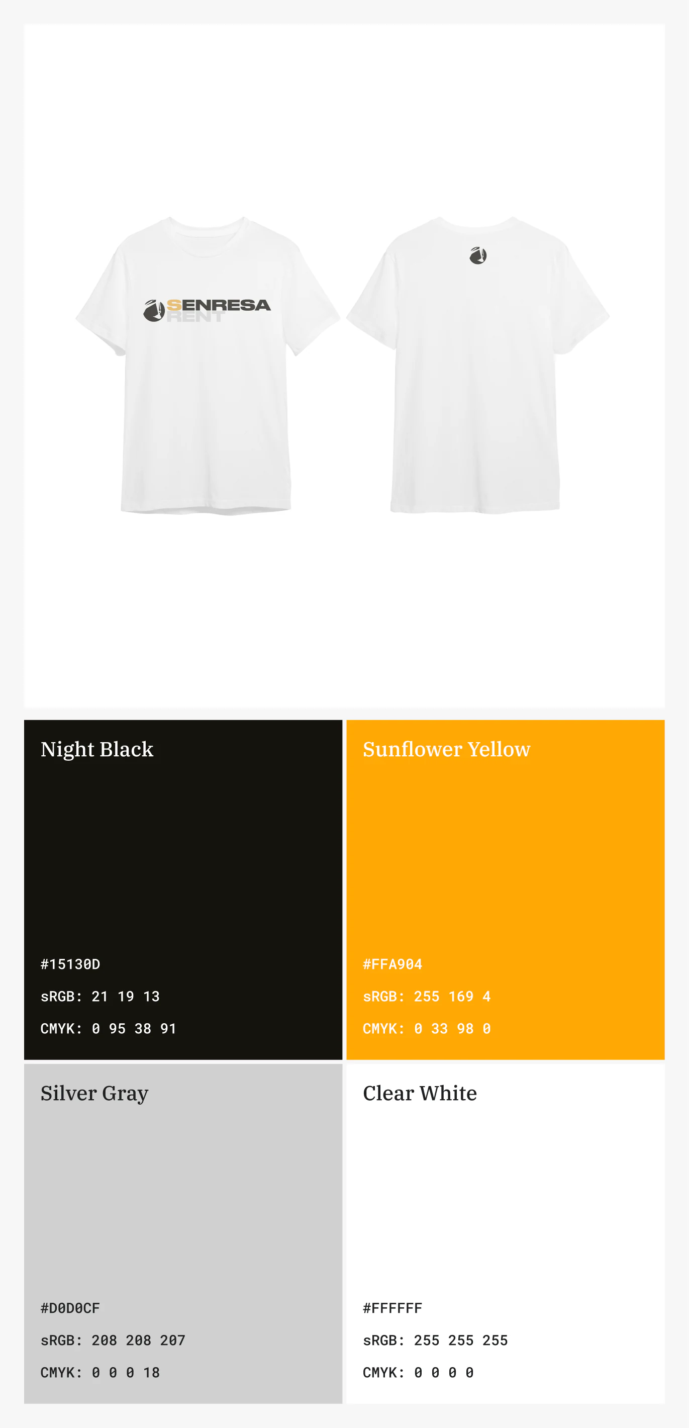 Senresa Rent firminiai marškinėliai šalia prekės ženklo paletės — Night Black #15130D, Sunflower Yellow #FFA904, Silver Gray #D0D0CF ir Clear White #FFFFFF
