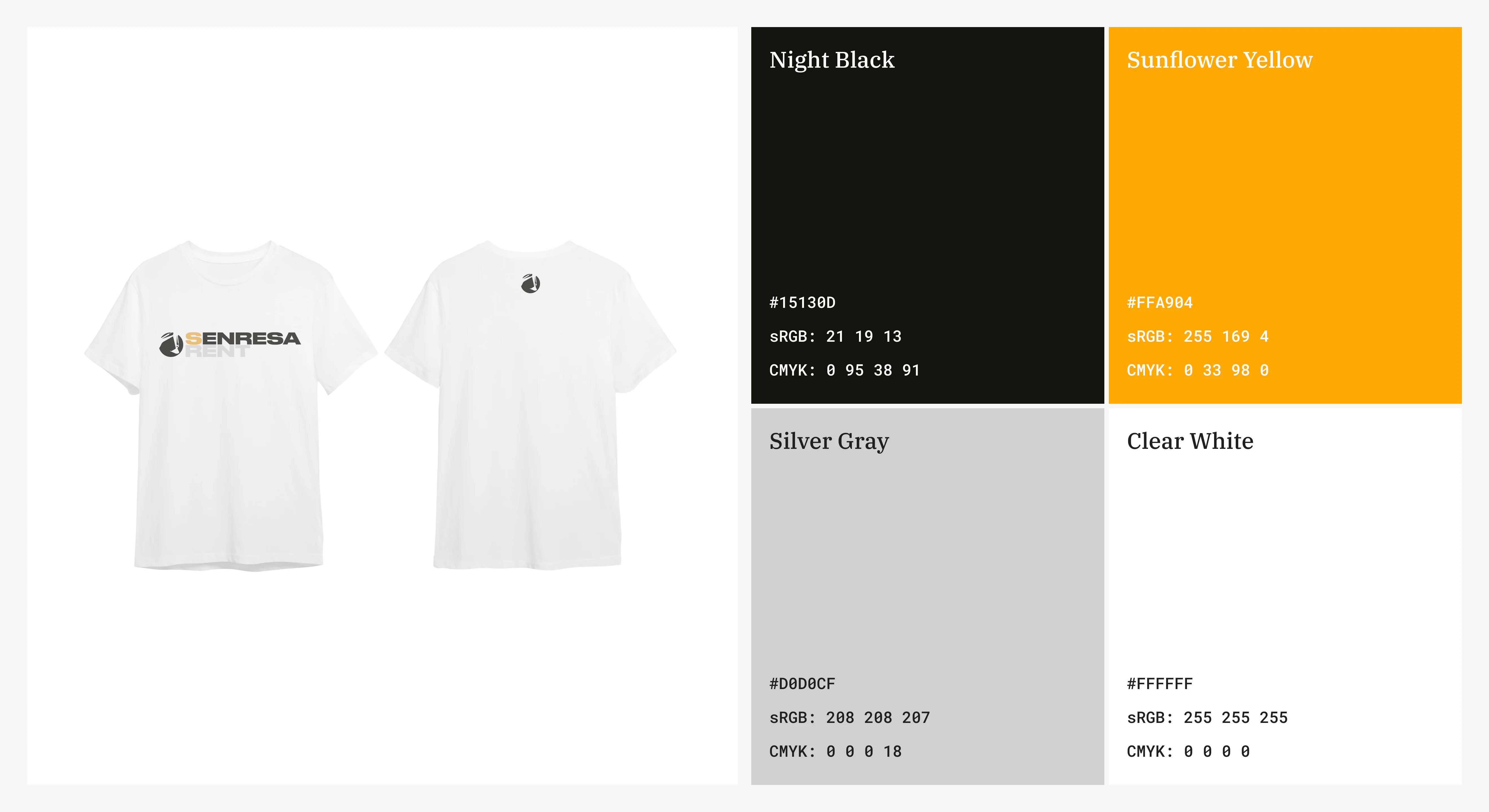 Senresa Rent firminiai marškinėliai šalia prekės ženklo paletės — Night Black #15130D, Sunflower Yellow #FFA904, Silver Gray #D0D0CF ir Clear White #FFFFFF