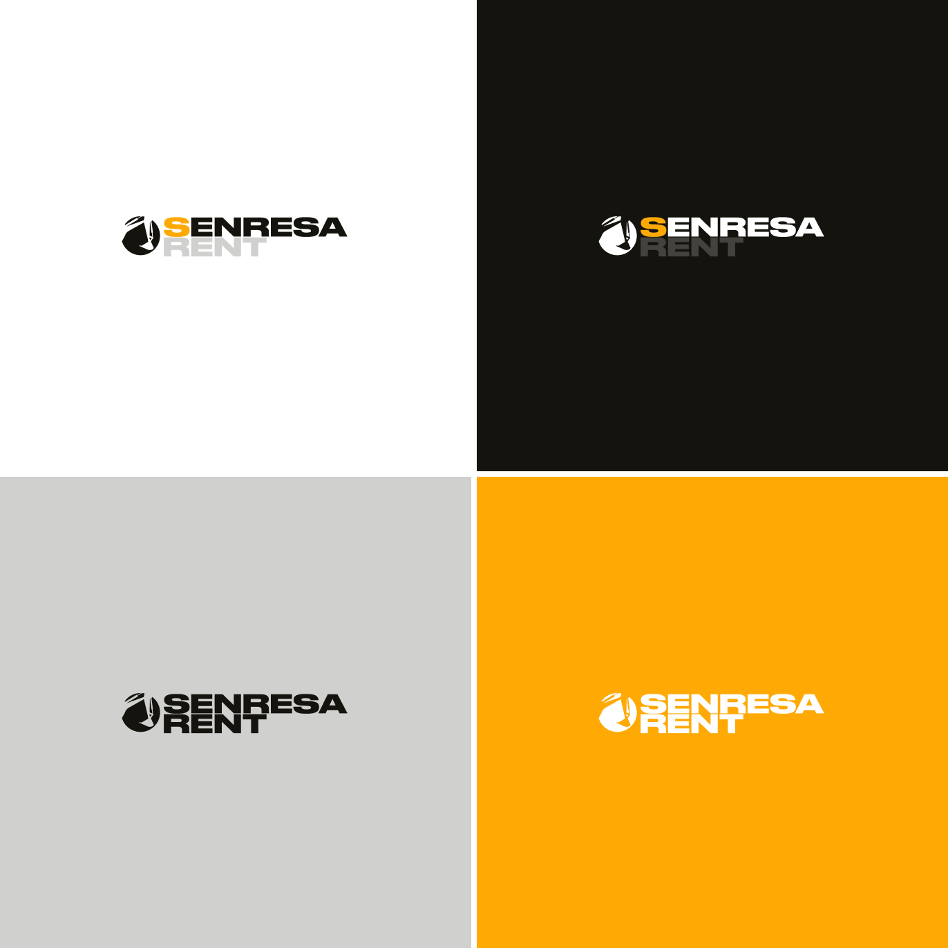 Senresa Rent logotipas keturiomis spalvų versijomis — balta, juoda, sidabrinė pilka ir saulėgrąžų geltona