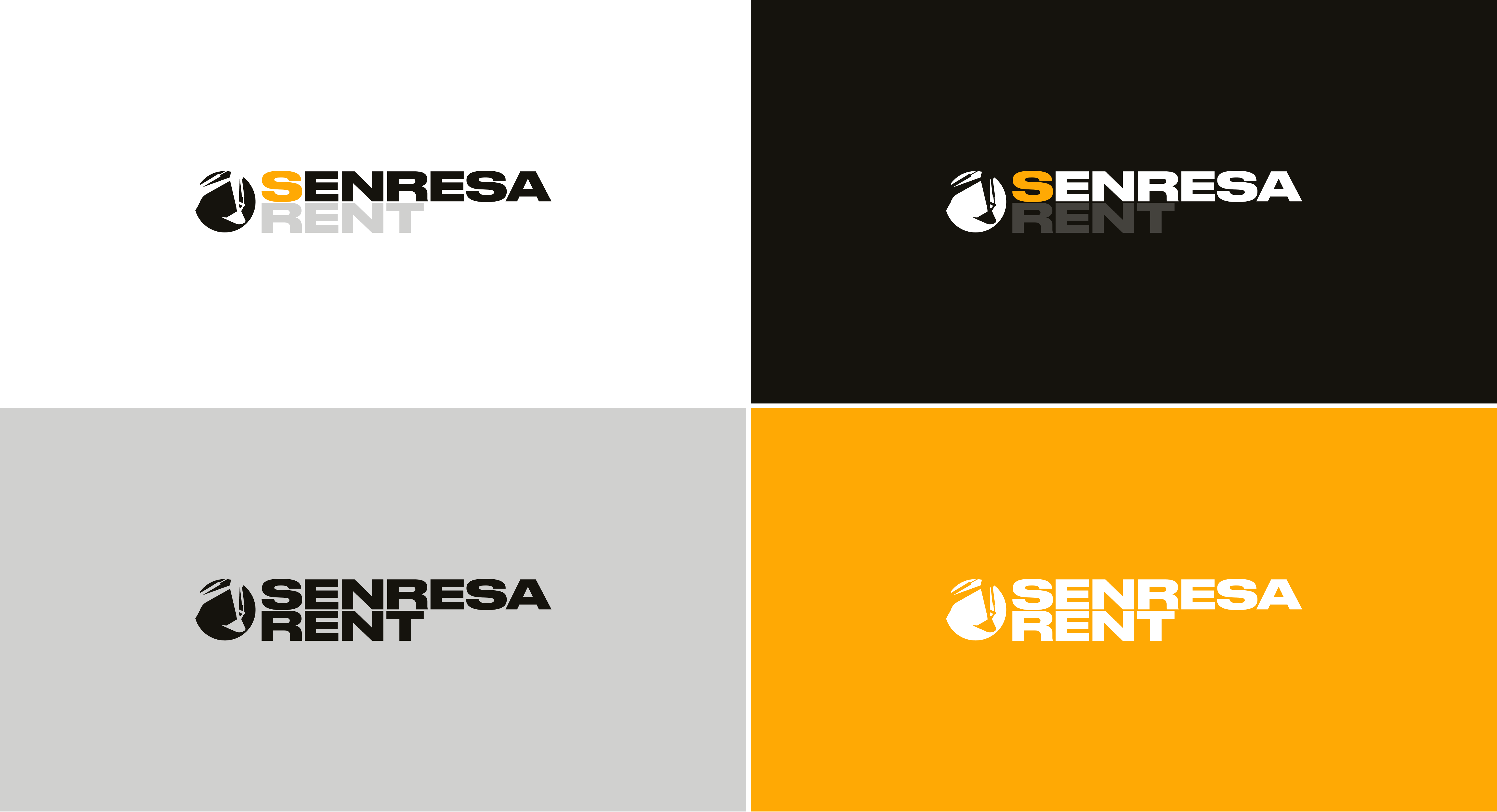 Senresa Rent logotipas keturiomis spalvų versijomis — balta, juoda, sidabrinė pilka ir saulėgrąžų geltona