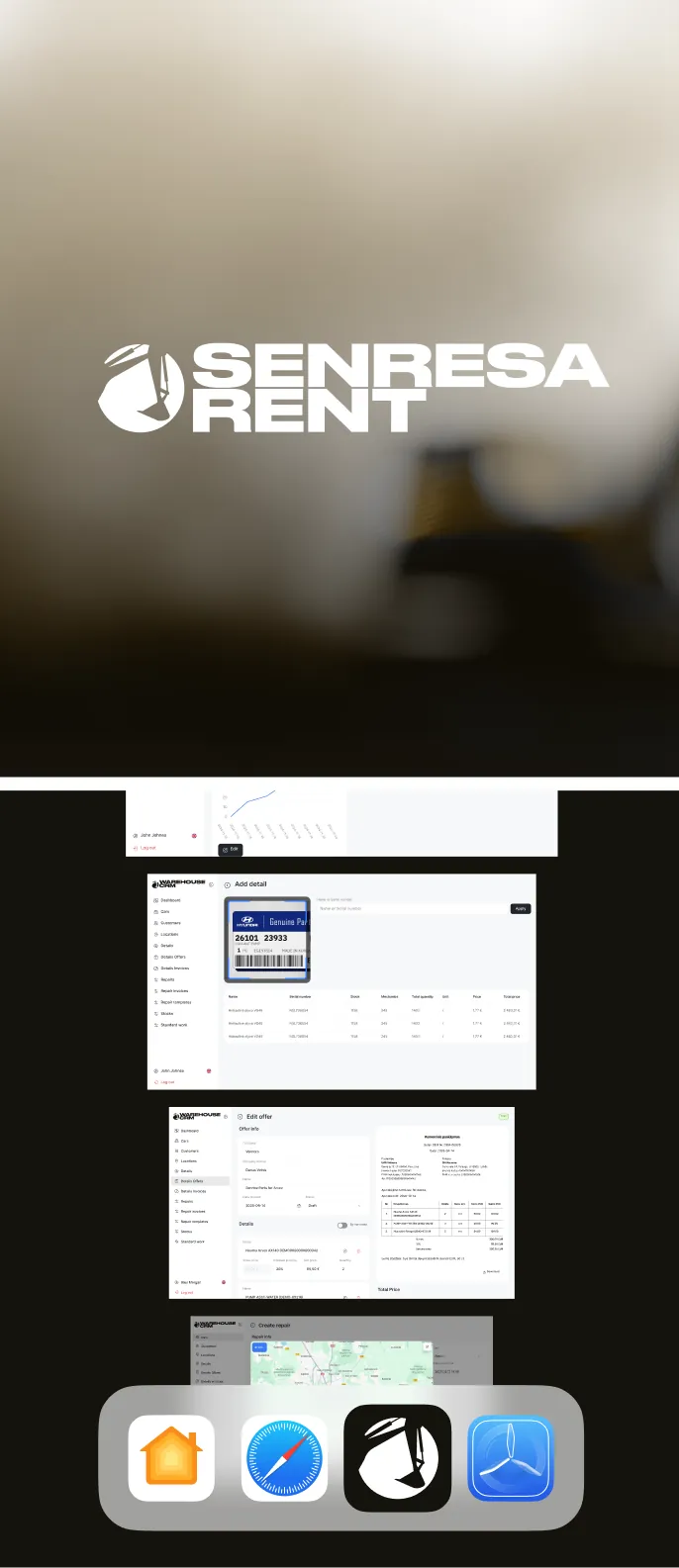 Senresa Rent logo next to the CRM screens and its app icon in the dock