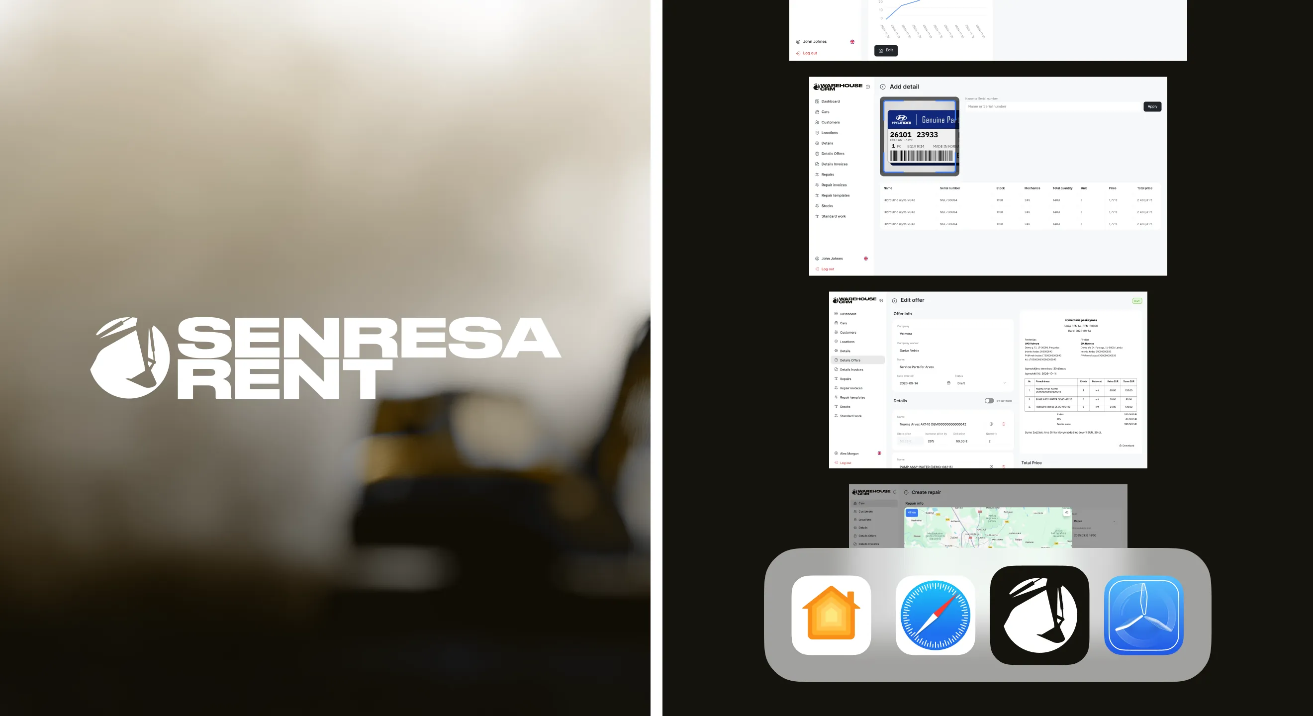Senresa Rent logo next to the CRM screens and its app icon in the dock