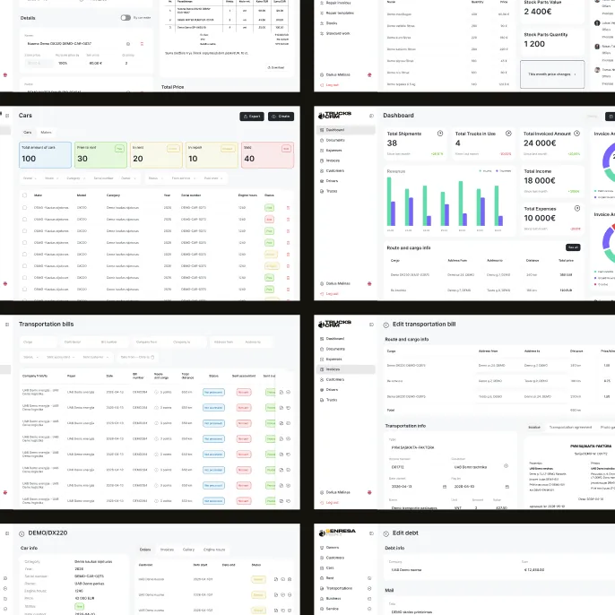 Grid of Senresa CRM screens — offers, dashboards, cars, transportation bills, debts and price updates