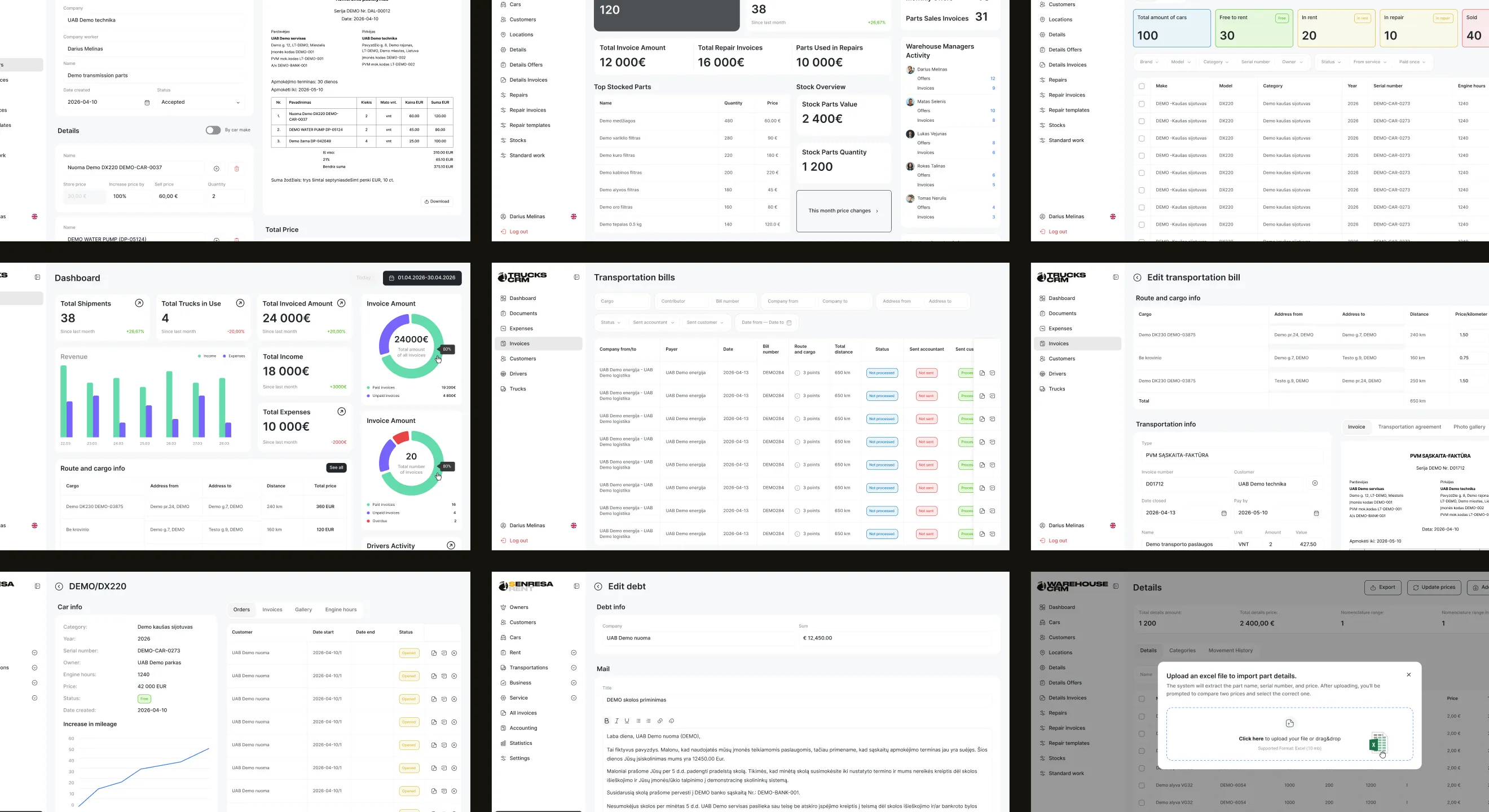 Grid of Senresa CRM screens — offers, dashboards, cars, transportation bills, debts and price updates