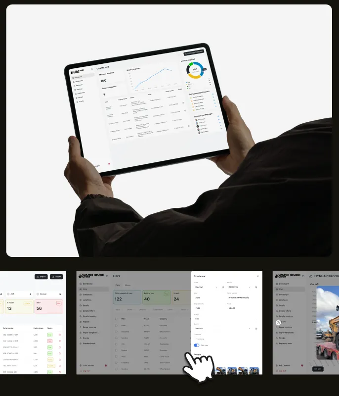 Senresa CRM dashboard on a tablet next to the cars list, car editing form and equipment gallery