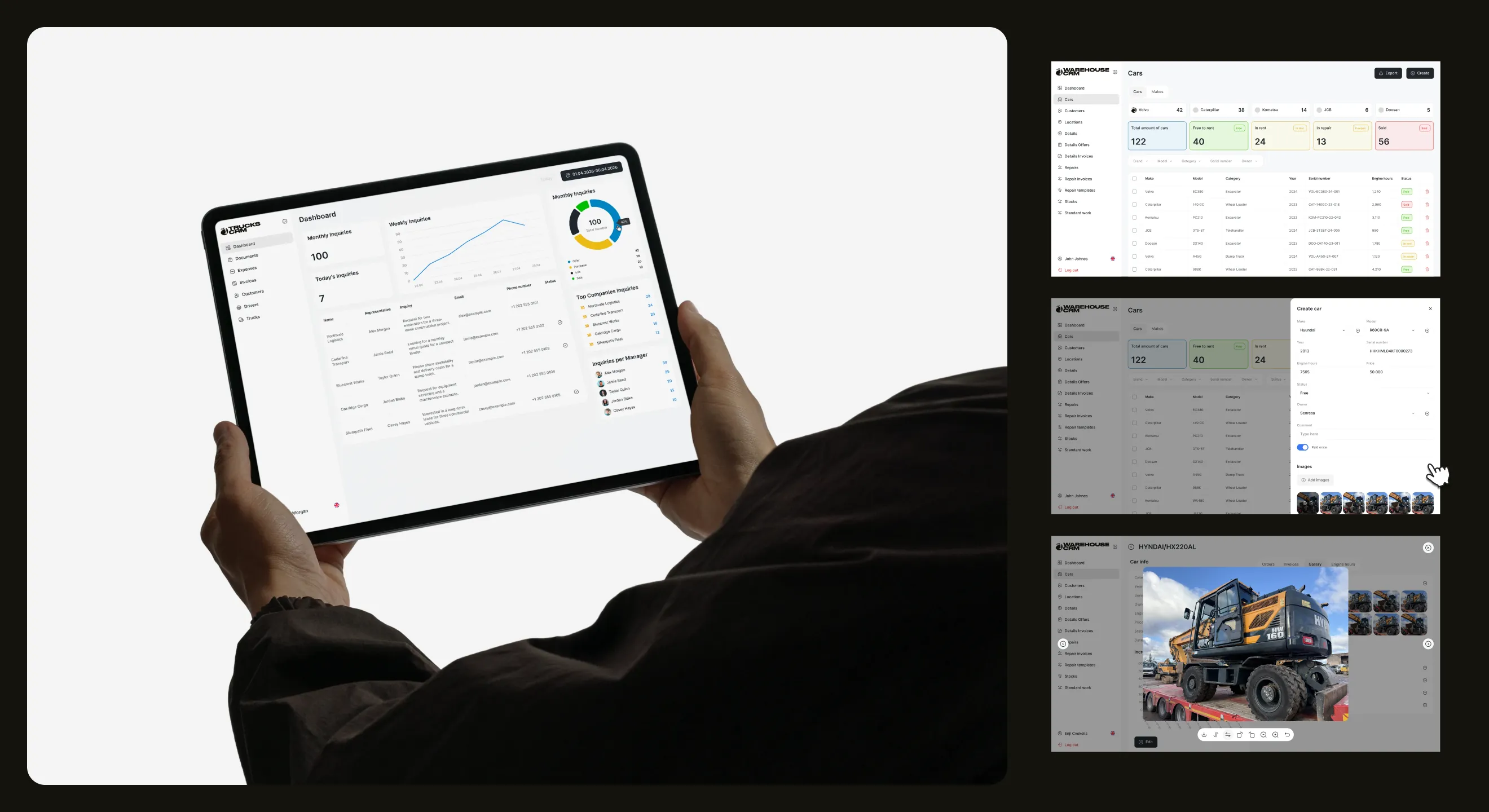 Senresa CRM dashboard on a tablet next to the cars list, car editing form and equipment gallery