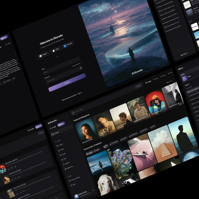 Sfumata onboarding, generation workspace and community feed