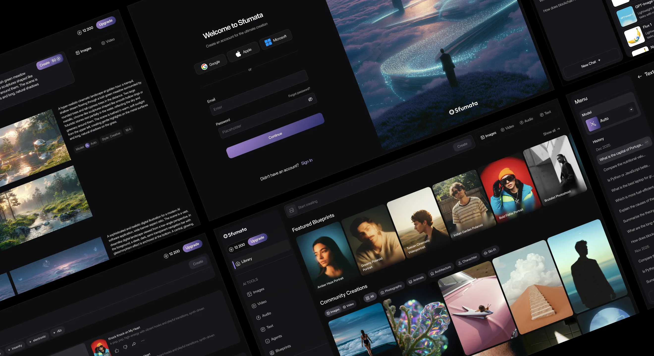 Sfumata onboarding, generation workspace and community feed