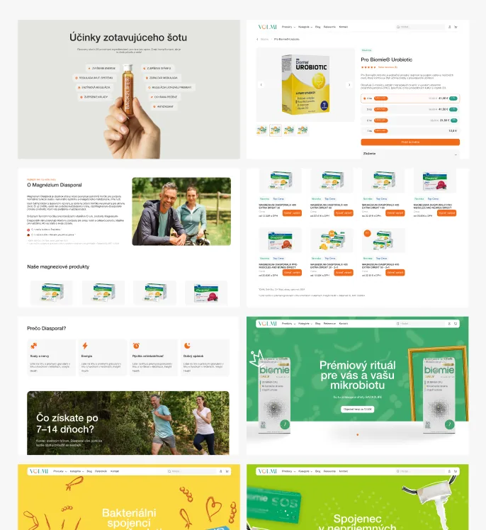 VOLMI brand story pages, benefit call-outs and promo banners