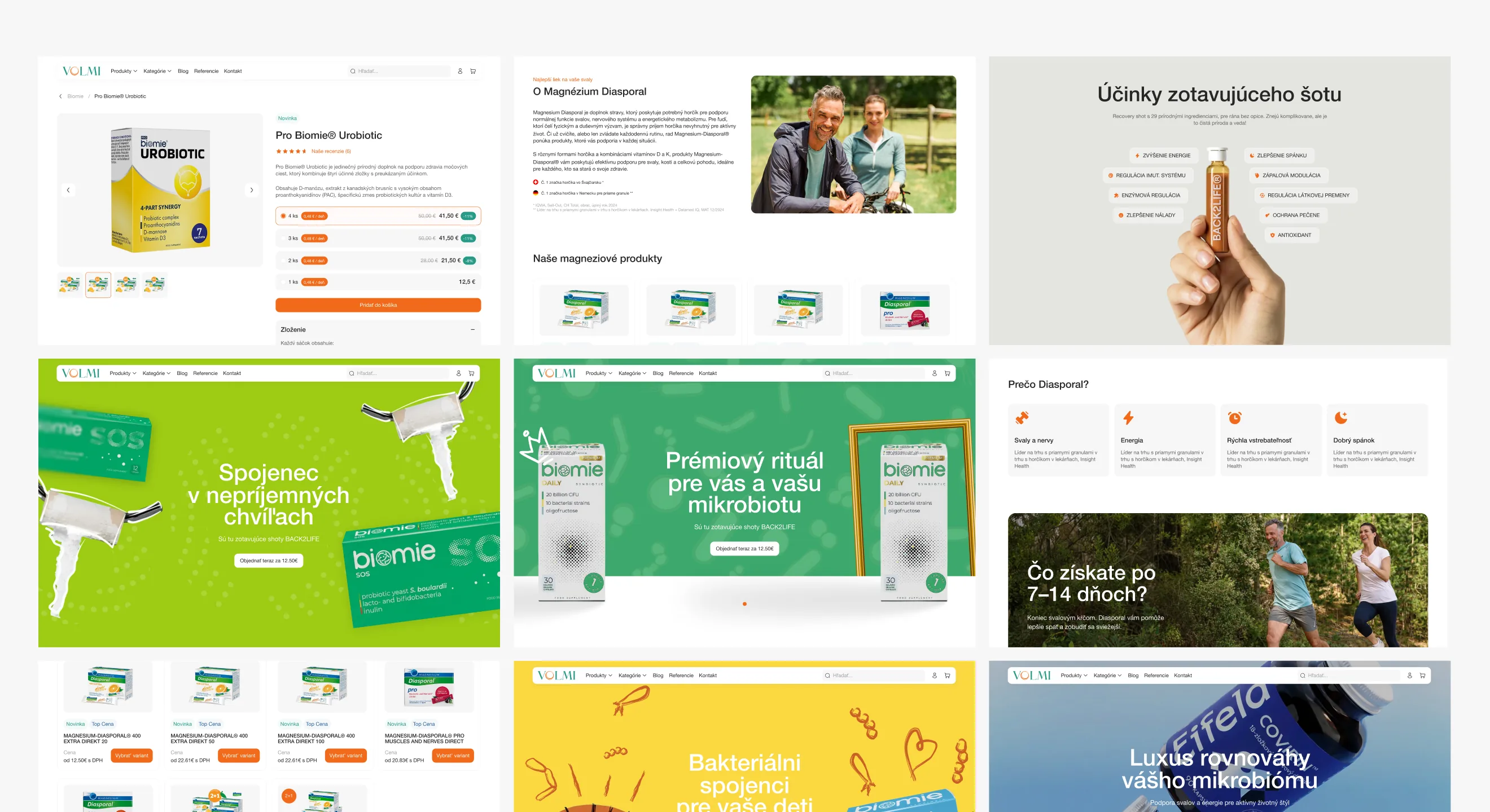 VOLMI brand story pages, benefit call-outs and promo banners