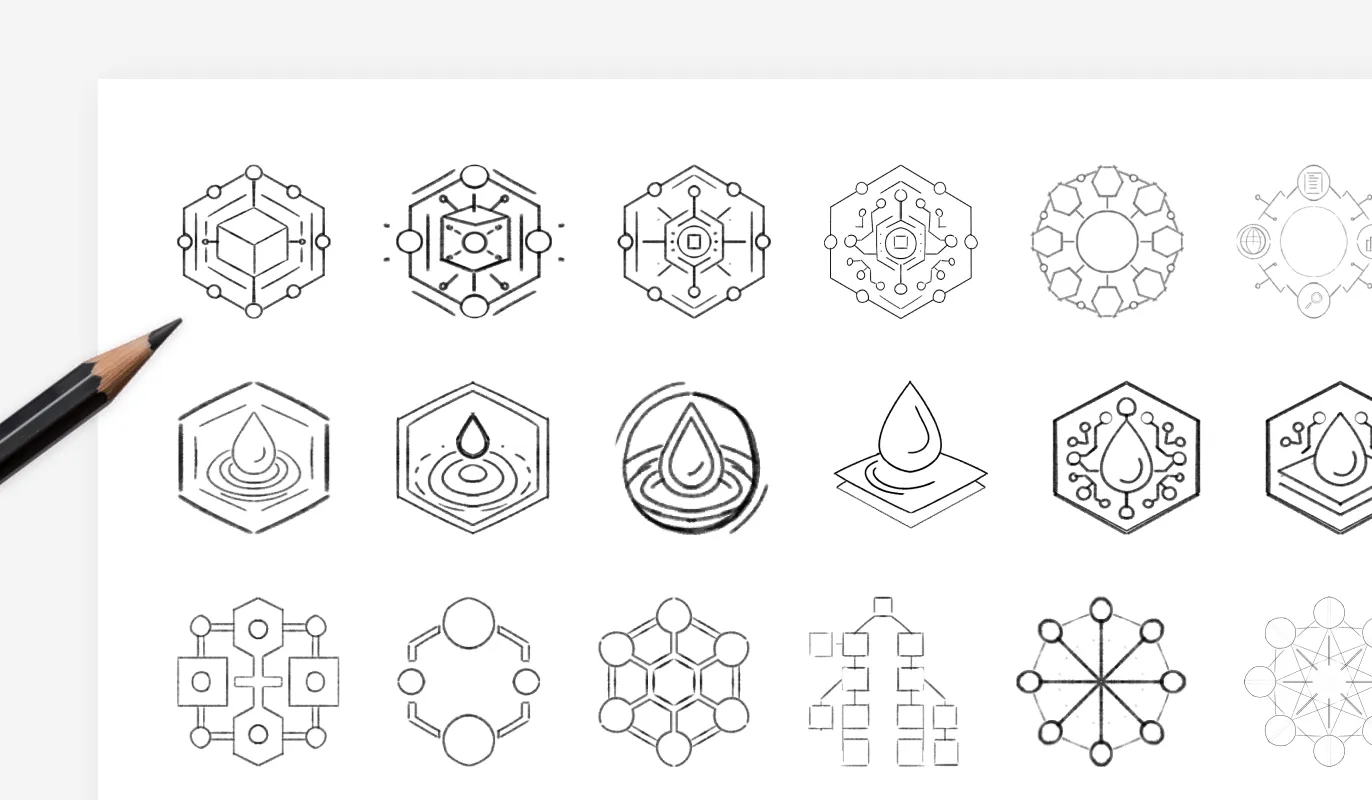 Pencil sketches of the WBL icons on paper — hexagonal network, drop and node-graph concepts before they were drawn as vectors