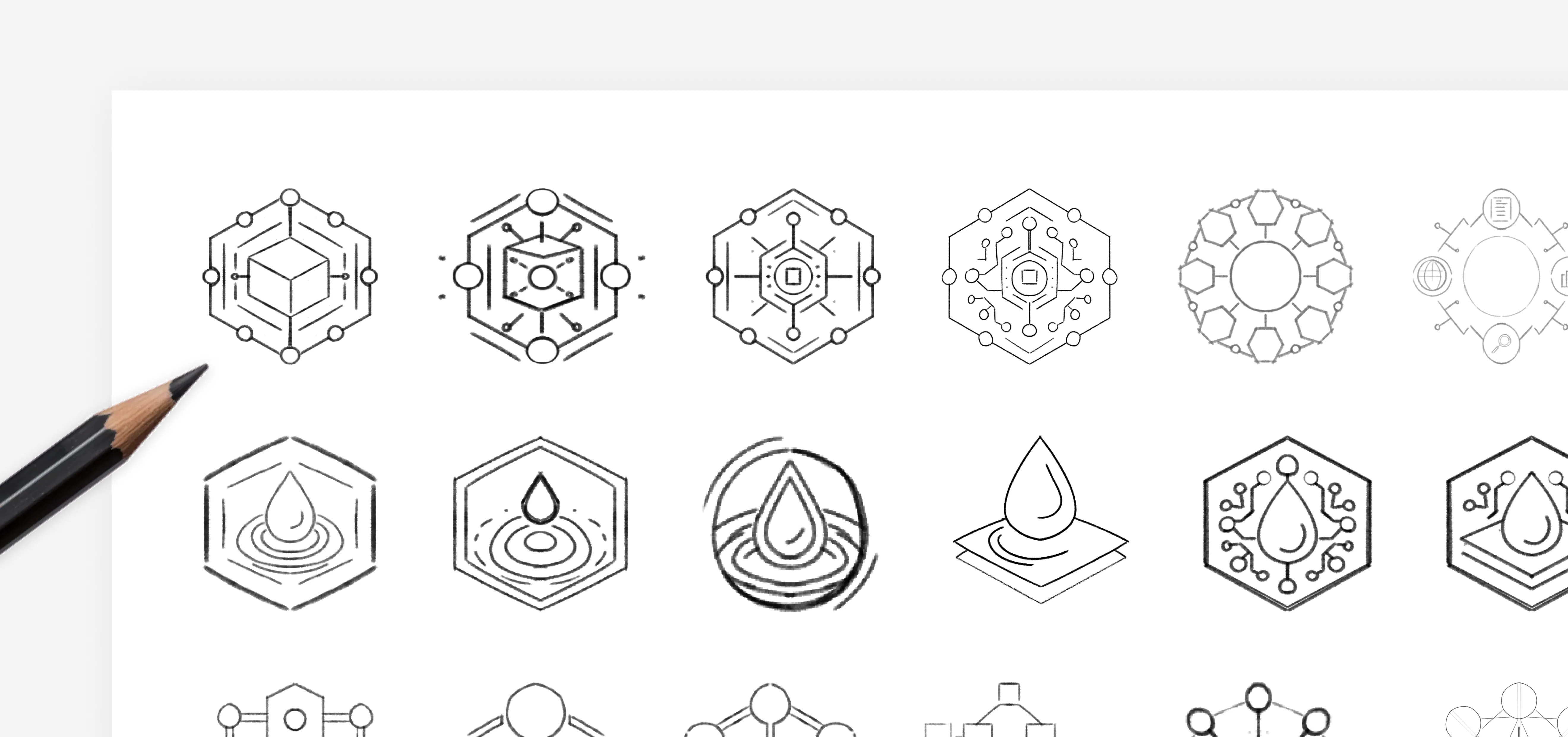 Pencil sketches of the WBL icons on paper — hexagonal network, drop and node-graph concepts before they were drawn as vectors
