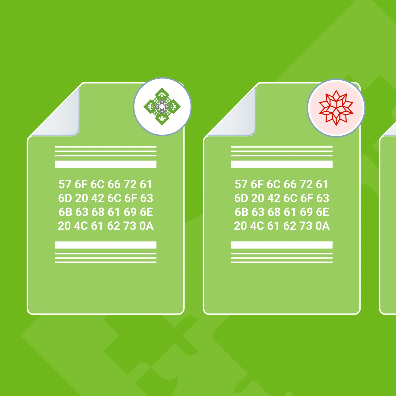 Green document cards with WBL icon badges, each reading “57 6F 6C 66 72 61 6D 20 42 6C 6F 63 6B 63 68 61 69 6E 20 4C 61 62 73 0A” — “Wolfram Blockchain Labs” in hex