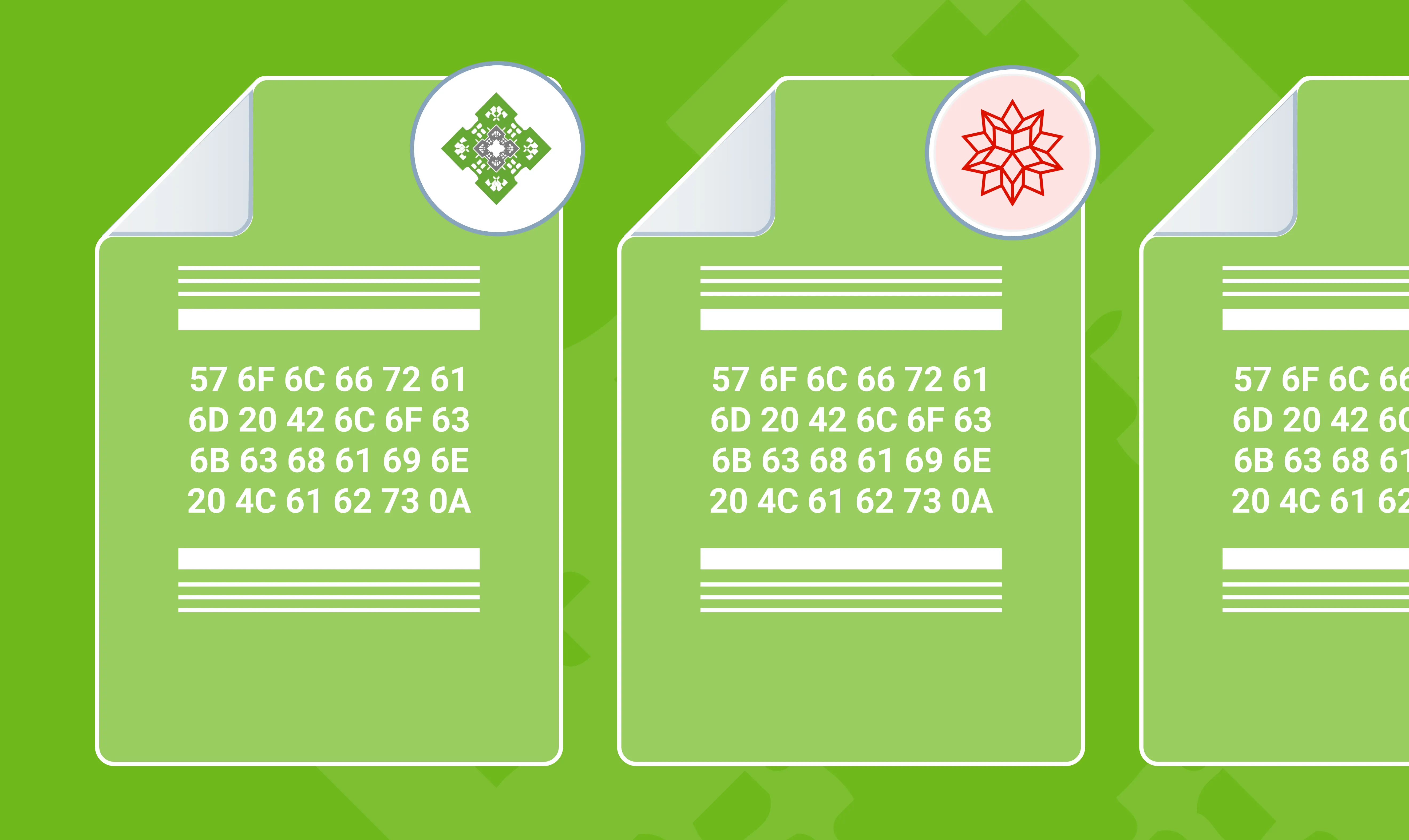 Green document cards with WBL icon badges, each reading “57 6F 6C 66 72 61 6D 20 42 6C 6F 63 6B 63 68 61 69 6E 20 4C 61 62 73 0A” — “Wolfram Blockchain Labs” in hex