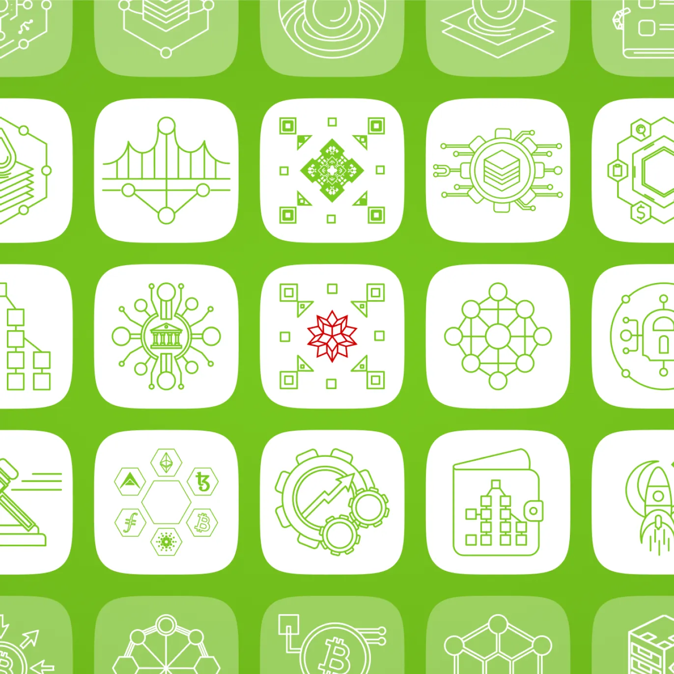 Grid of WBL icons — a bank, a data bridge, a wallet, smart contract and network diagrams, a fingerprint and a rocket — in green outline on white tiles over a green background