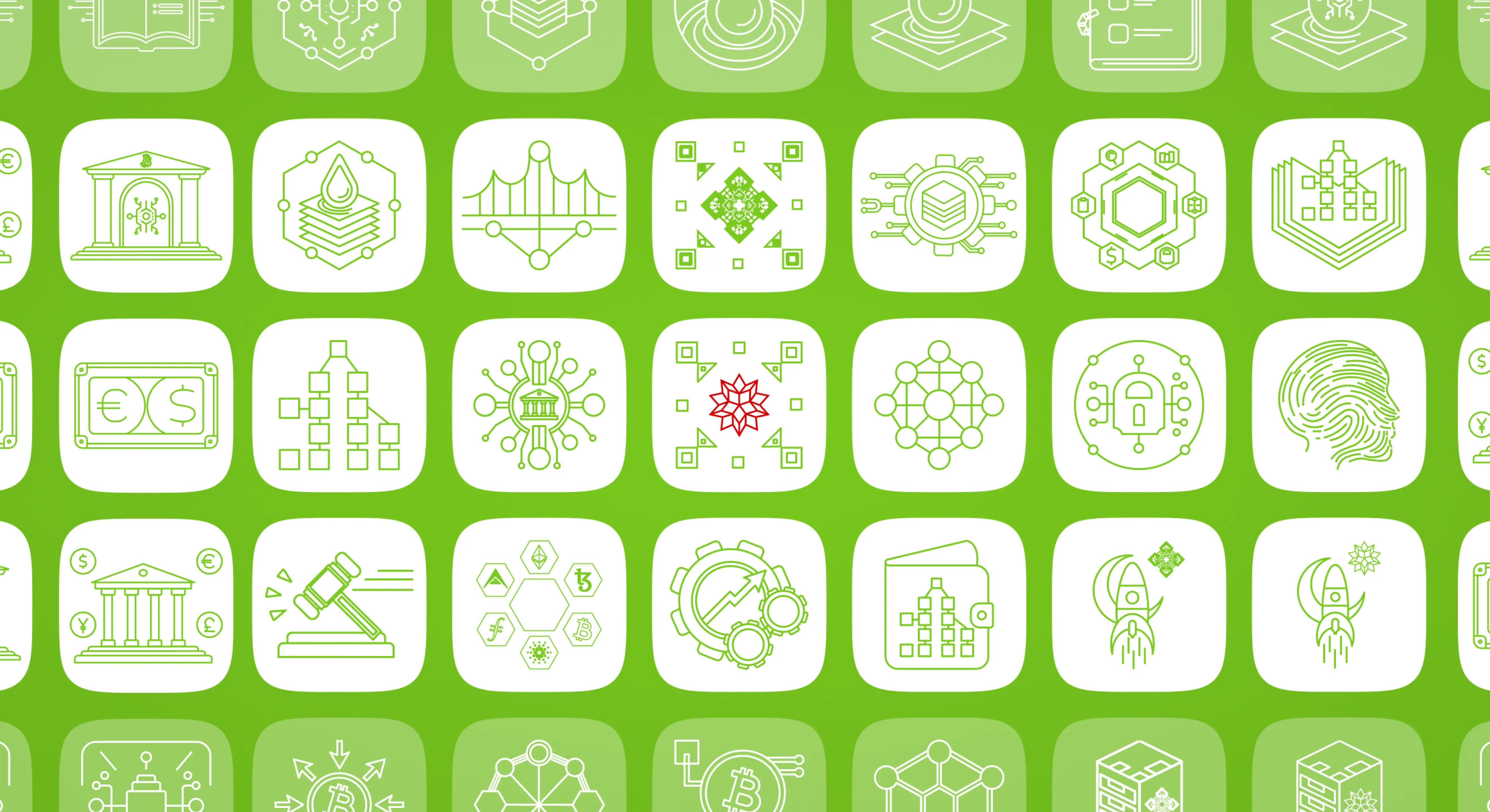 Grid of WBL icons — a bank, a data bridge, a wallet, smart contract and network diagrams, a fingerprint and a rocket — in green outline on white tiles over a green background