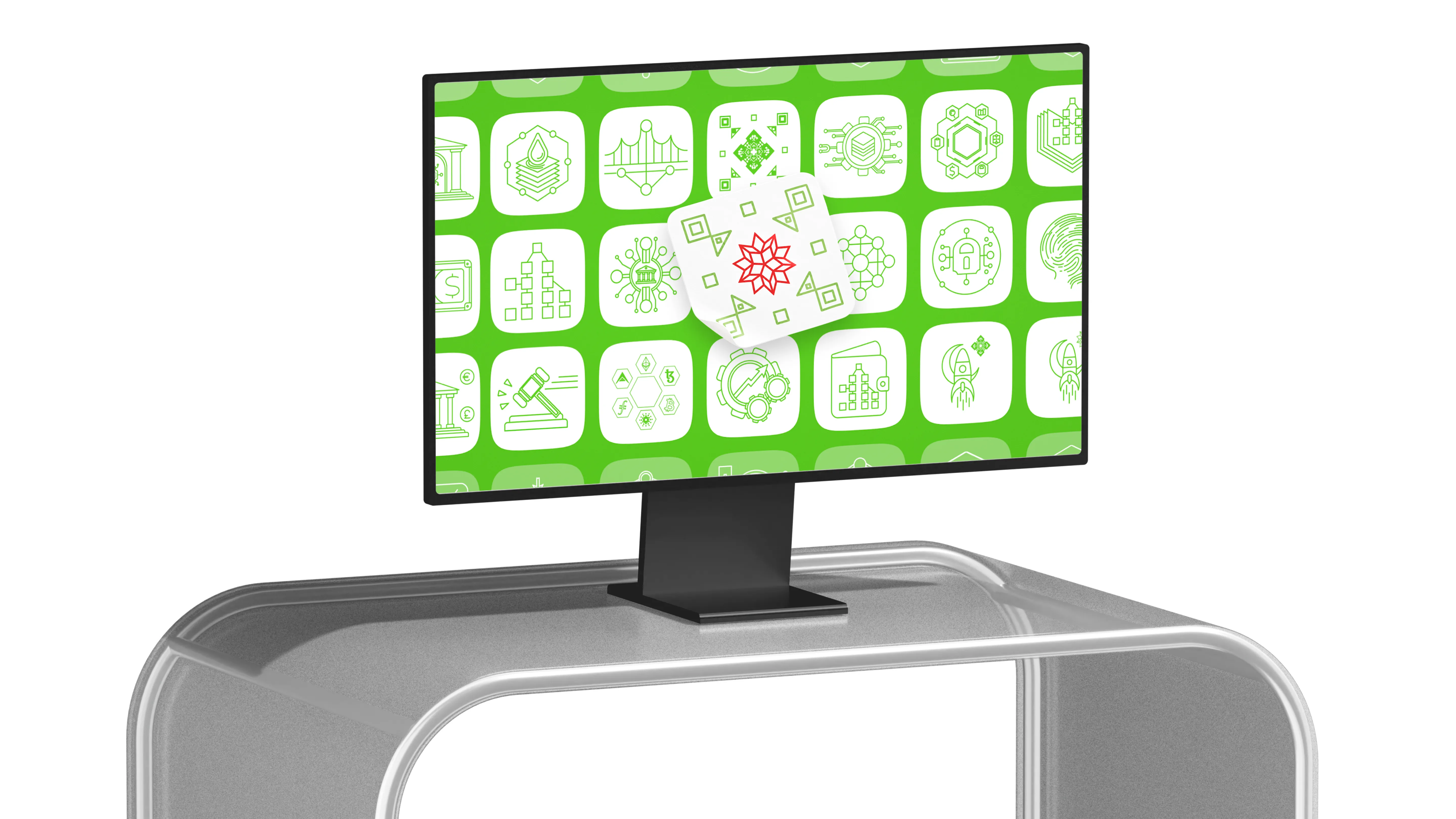 Monitor on a curved stand showing the WBL icon set — rows of white blockchain icons on a green background, with the red Wolfram Blockchain Labs mark in the centre