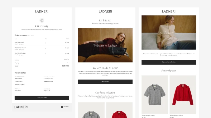 Ladneri order confirmation, welcome and new collection emails