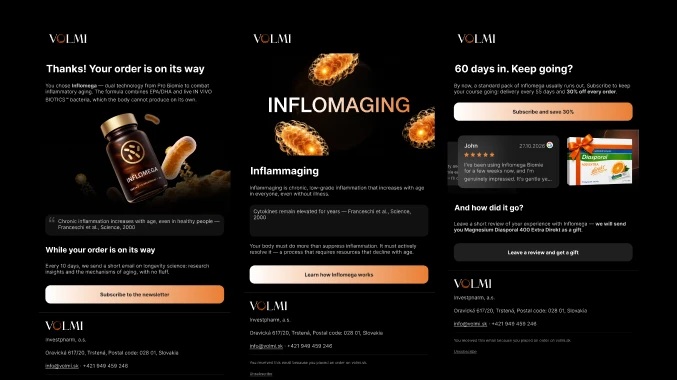 Volmi order, product launch and replenishment emails