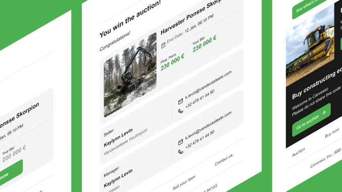 Auction result emails for a machinery marketplace