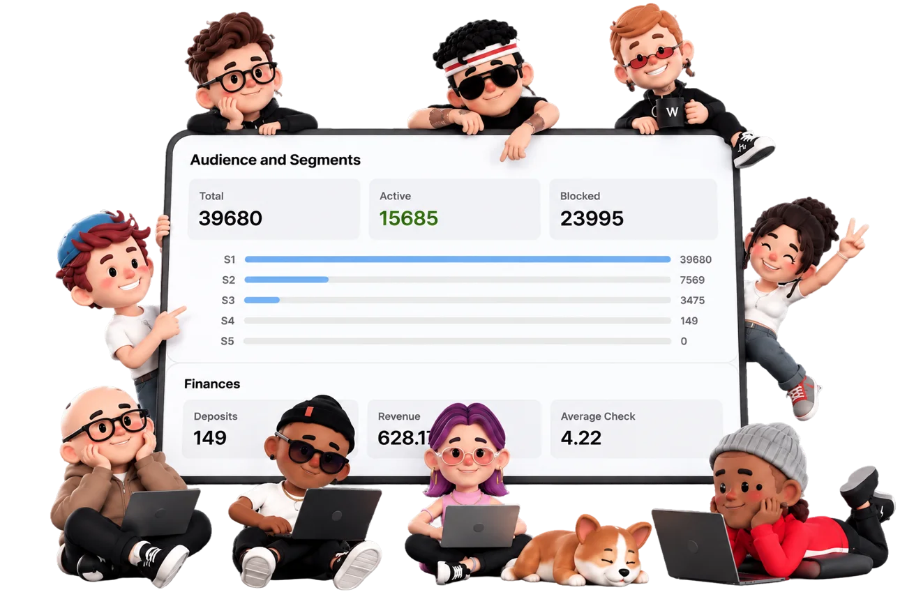 Illustrated team around a tablet with the SEO dashboard